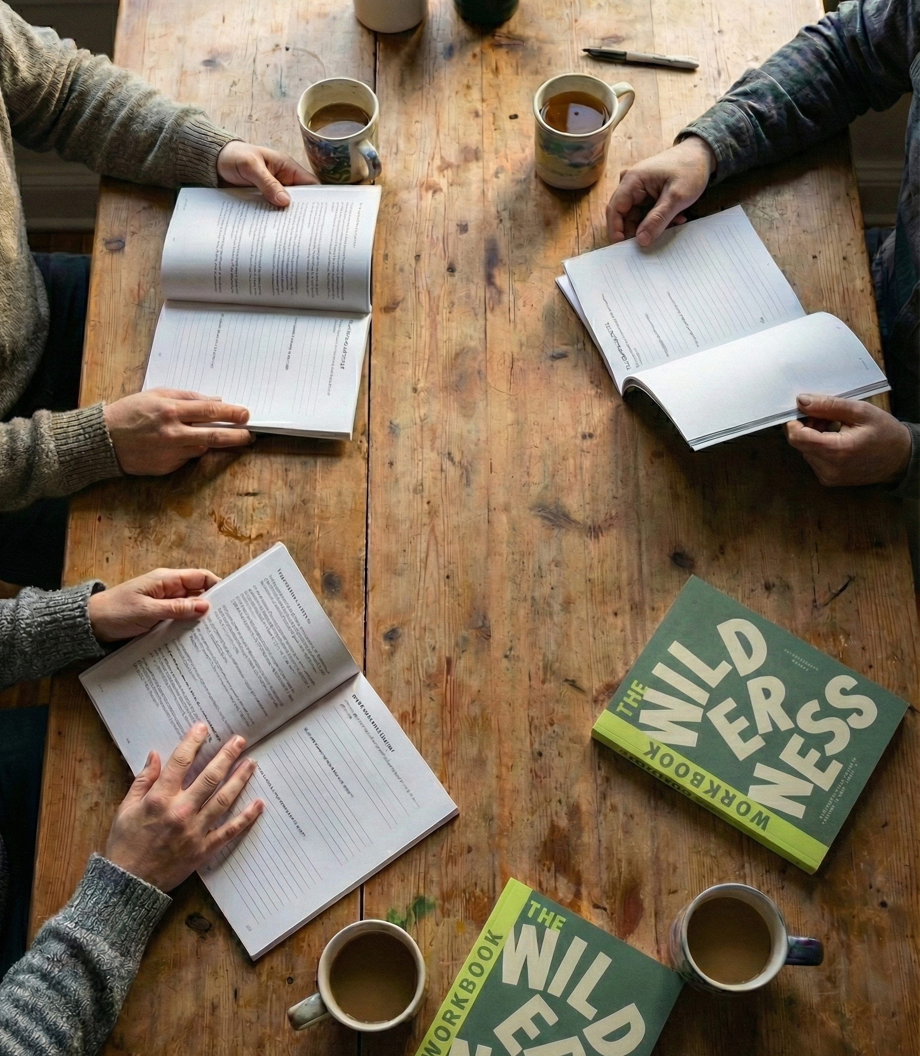 Four people sitting at a wooden table reading books and drinking coffee, with two copies of 'The Wilders' Workbook' on the table.
