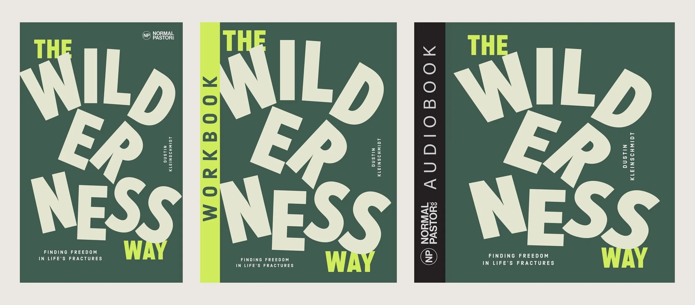 The Wilderness Way book, workbook and audiobook covers side by side on a stone background: tilted cream letters on deep green with a lime accent