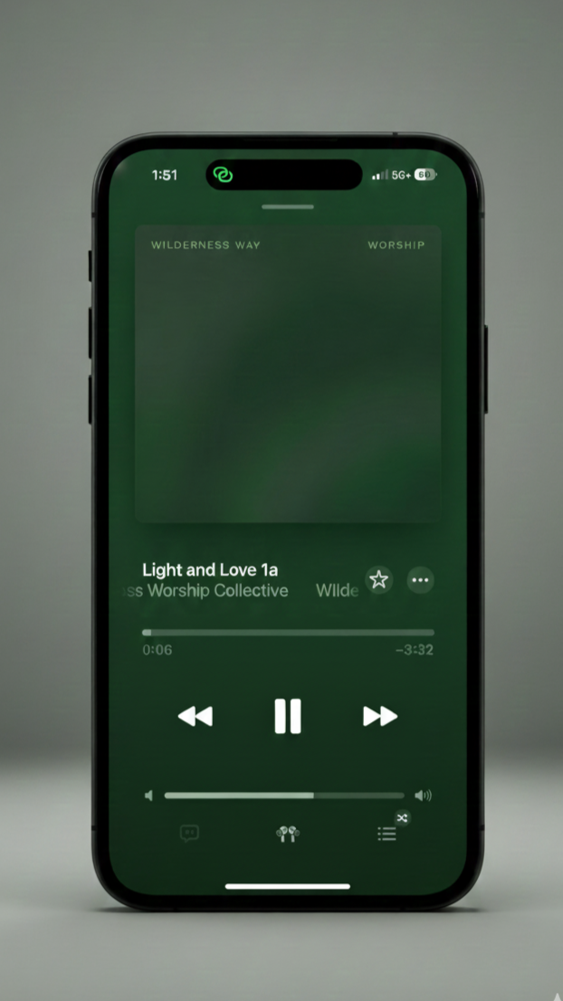 Smartphone displaying a music player app with the song "Light and Love" by Wilderness Worship Collective playing, showing playback controls and a green-themed interface.