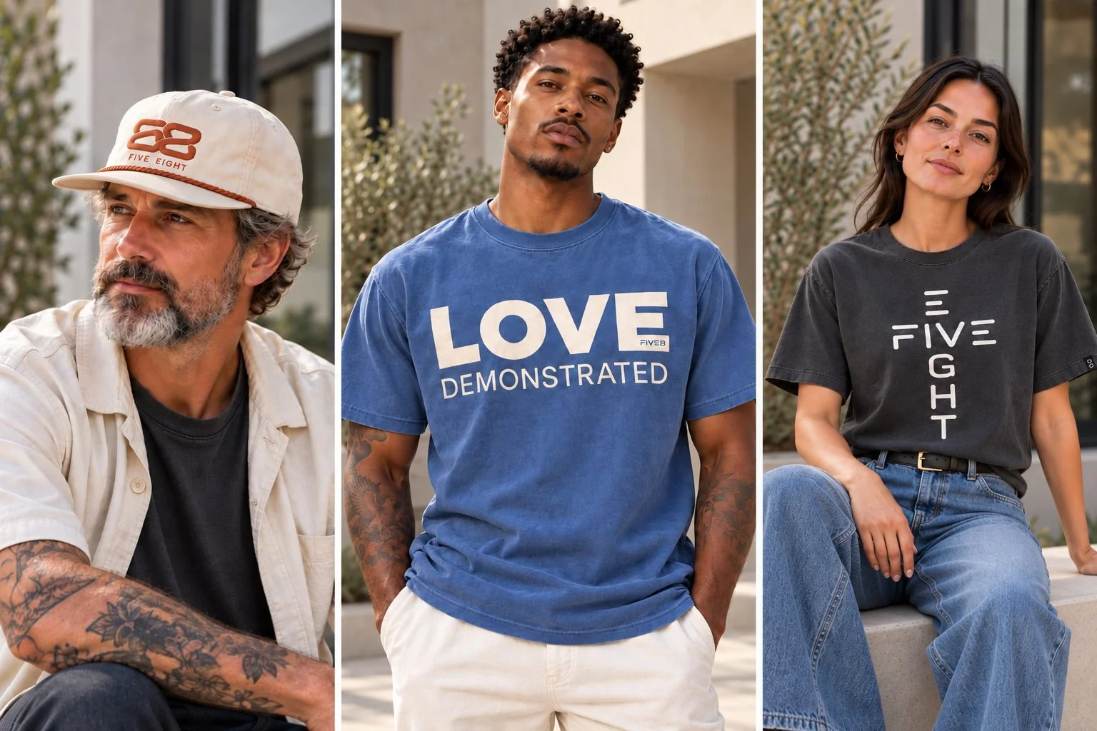 Three FIVE8 apparel mockups side by side: a man in a cream rope cap with the rust FIVE EIGHT mark, a man in a faded blue LOVE DEMONSTRATED tee, and a woman in a charcoal tee with FIVE EIGHT set as a cross