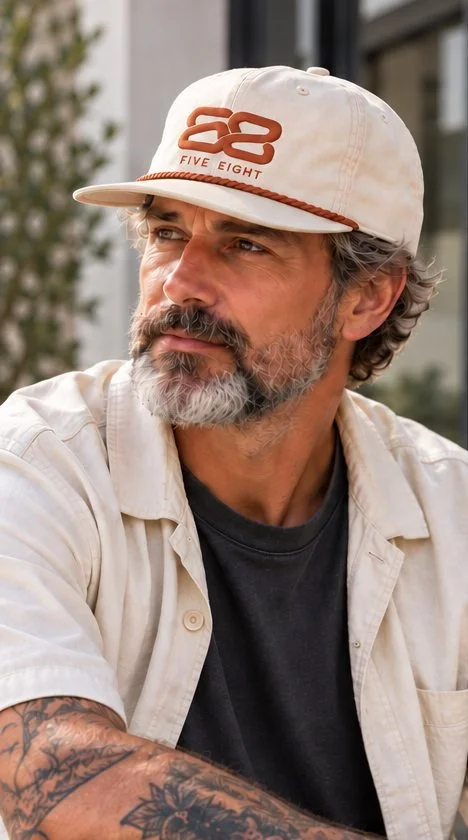 A man with a gray beard in a cream rope cap with the rust FIVE EIGHT mark, wearing an open cream shirt over a dark tee