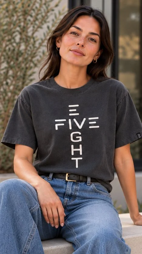 A woman in a charcoal tee printed with FIVE EIGHT set as a white cross, seated on a stone ledge in wide blue jeans