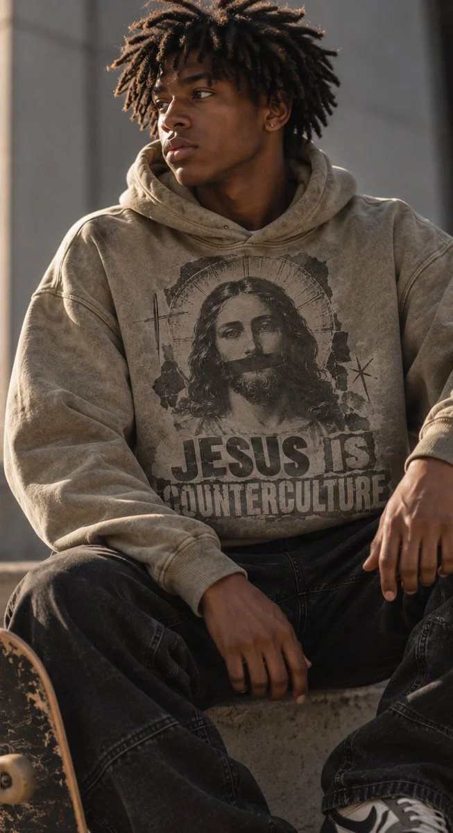 A young man in a tan hoodie seated beside a skateboard, printed with the Jesus Is Counterculture halftone portrait and title