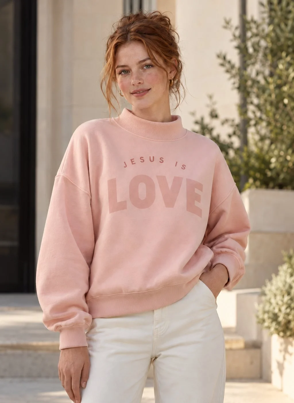 A woman in a pink mock-neck sweatshirt printed with JESUS IS in small spaced letters above a large tonal LOVE, standing in front of a stone building