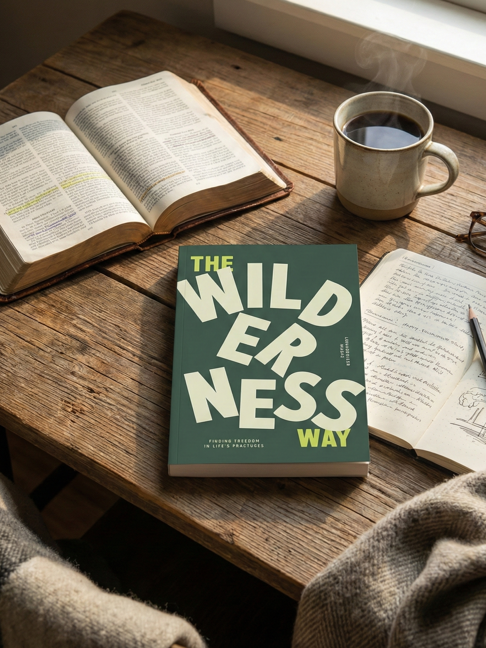 A rustic wooden table holding an open Bible, a green book titled 'The Wilderness Way,' a cup of coffee, handwritten notes, and glasses. Sunlight streams through a nearby window.