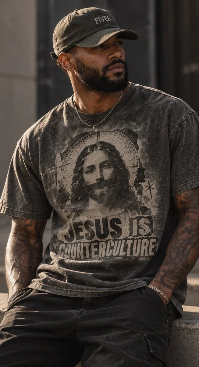 A man in a washed charcoal tee and olive FIVE8 cap, printed with the Jesus Is Counterculture halftone portrait and title