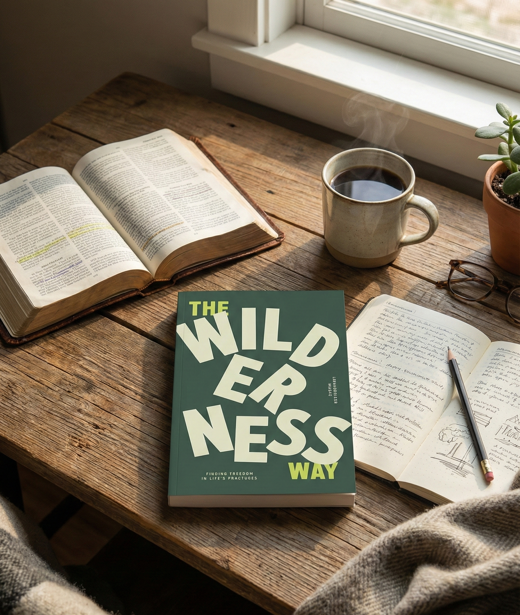 A wooden table beside a window with an open Bible, a cup of coffee, a potted plant, a pair of reading glasses, a notebook with handwritten notes, and a book titled "The Wilderness Way" on it.
