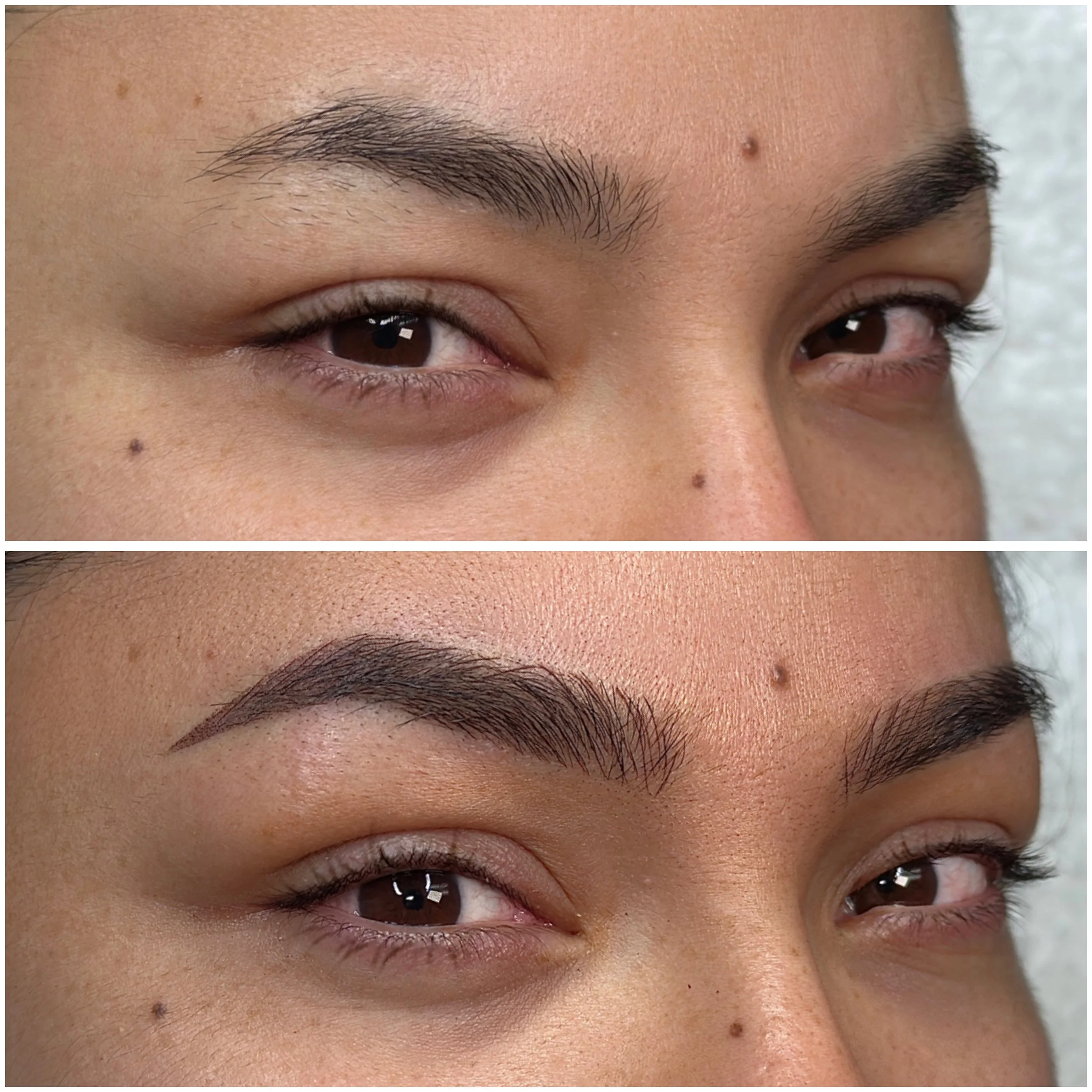 Close-up of a woman's eyebrows, showing before and after of a combo brow (microblading + shading).