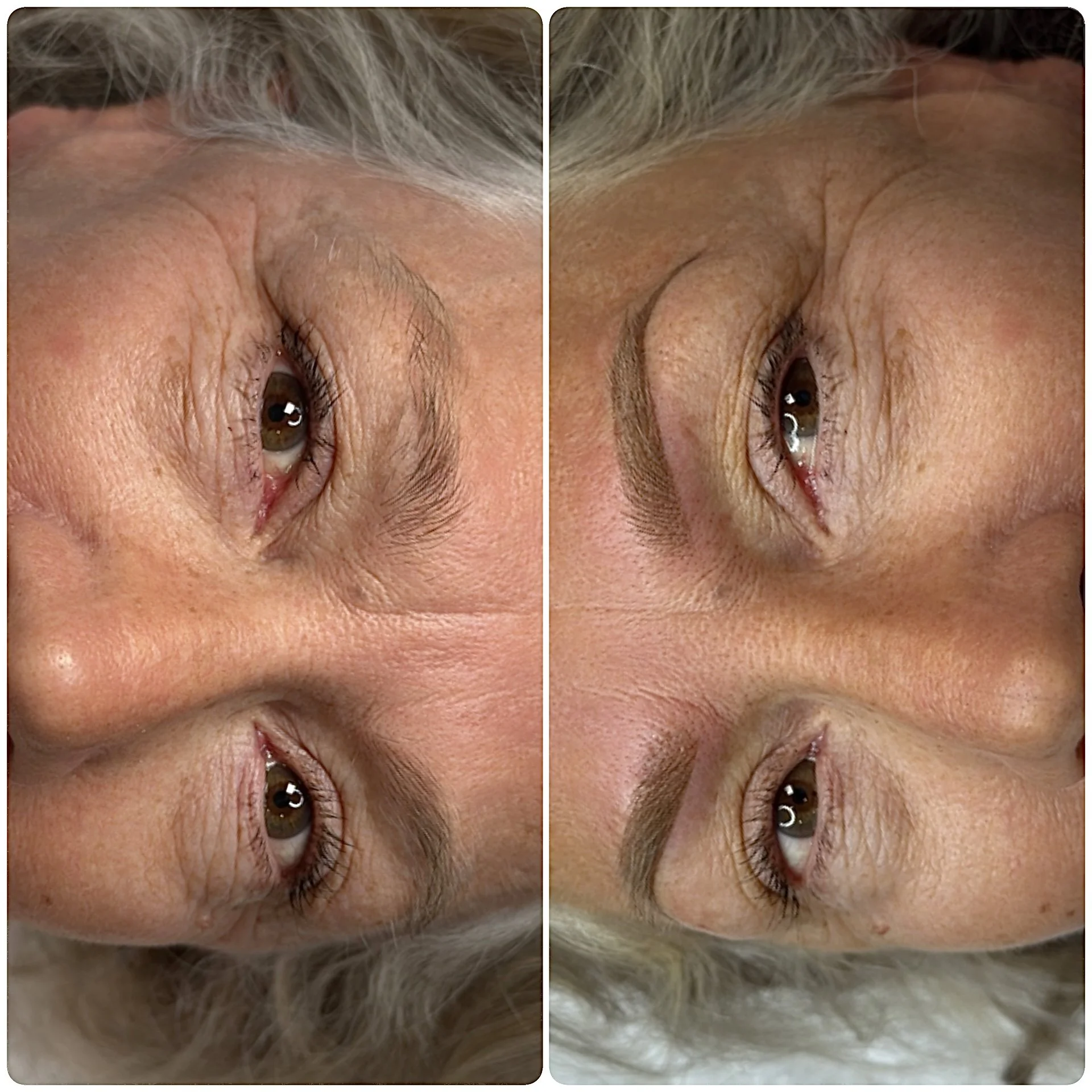 Comparison of a woman's face before and after eyebrow enhancement, showing the eyebrows more defined and shaped after a powder/ombre brow treatment.