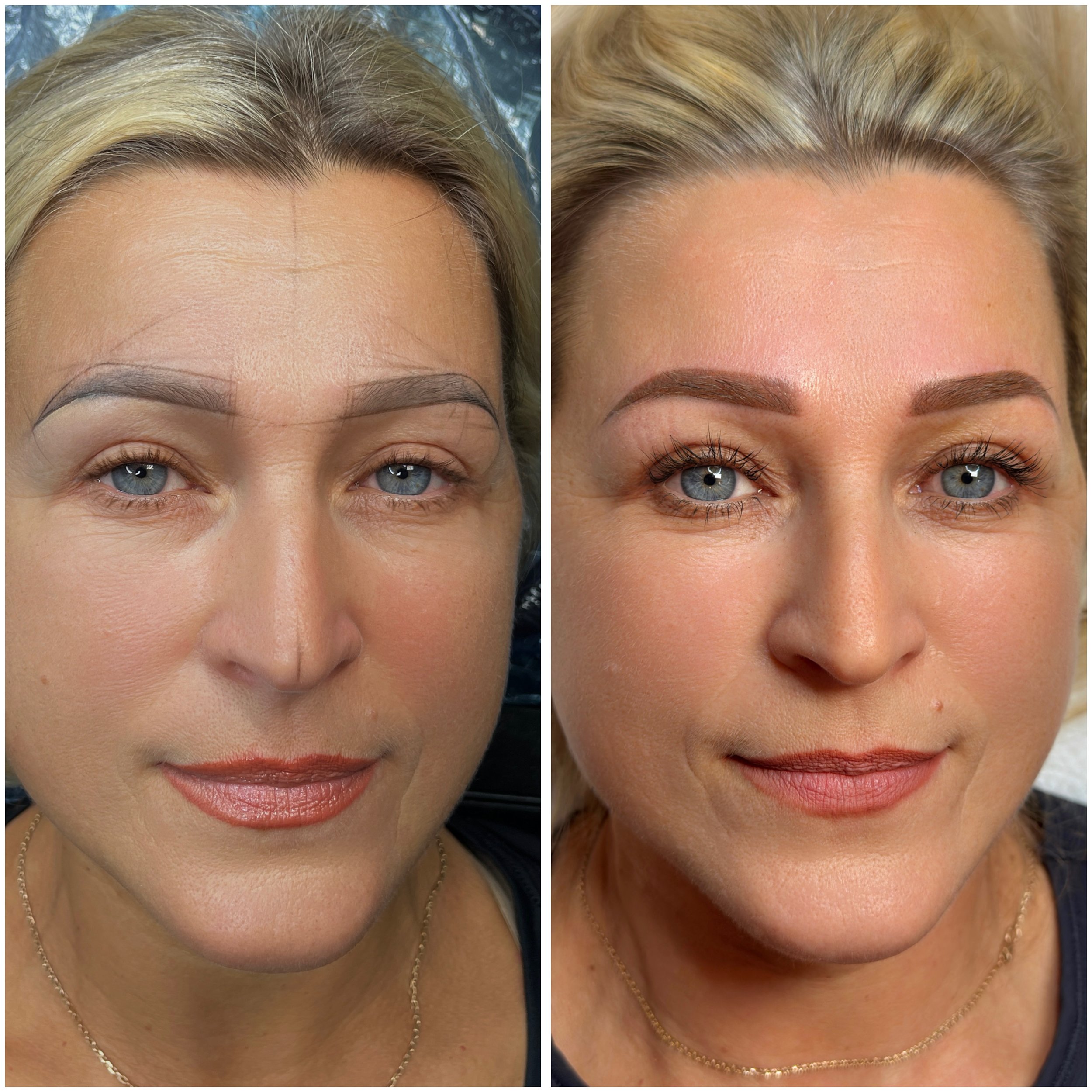 Side-by-side comparison of a woman's face before and after a permanent makeup brow color and shape correction.