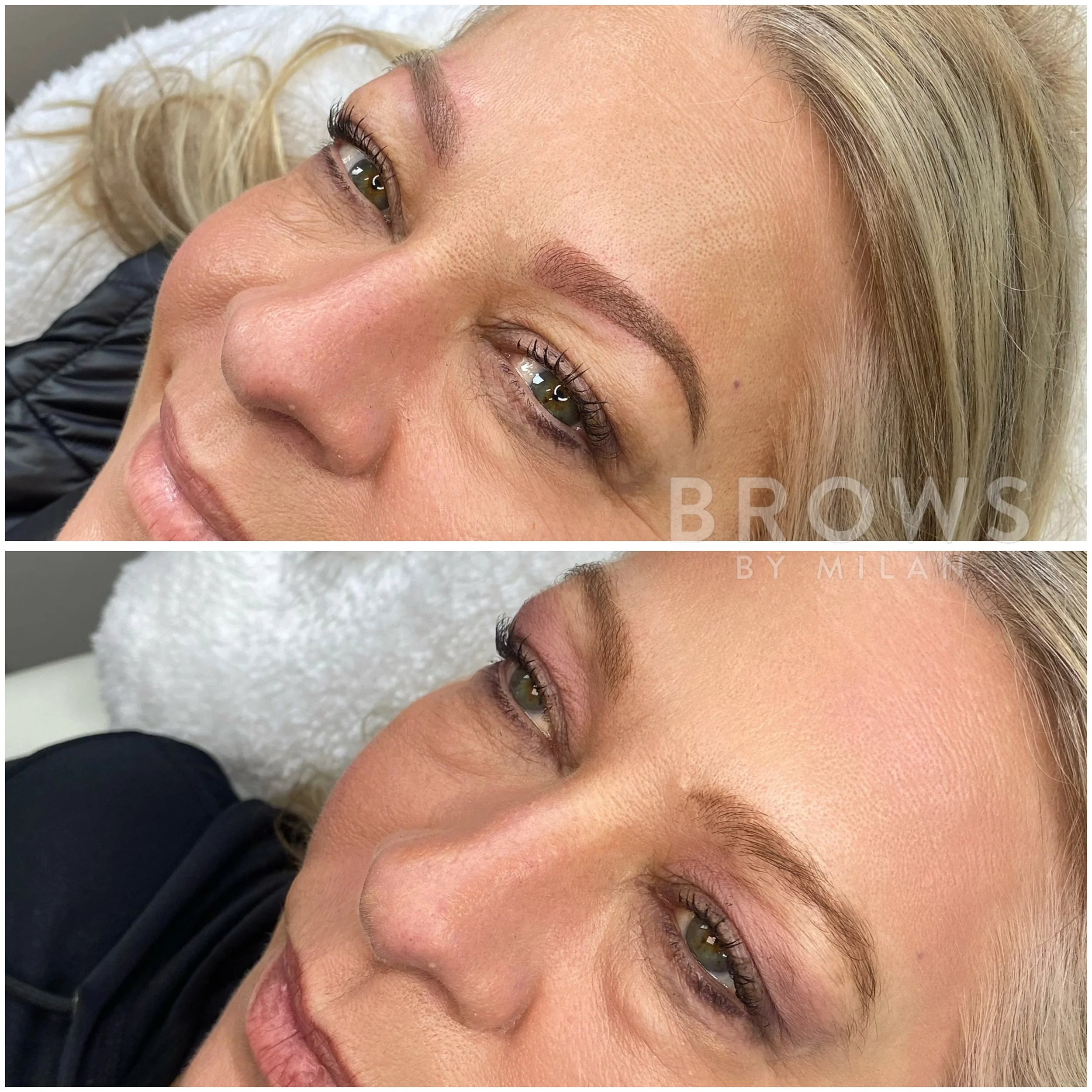 Close-up of a woman's face showing before and after powder brows, highlighting the improved shape and fullness of her eyebrows.