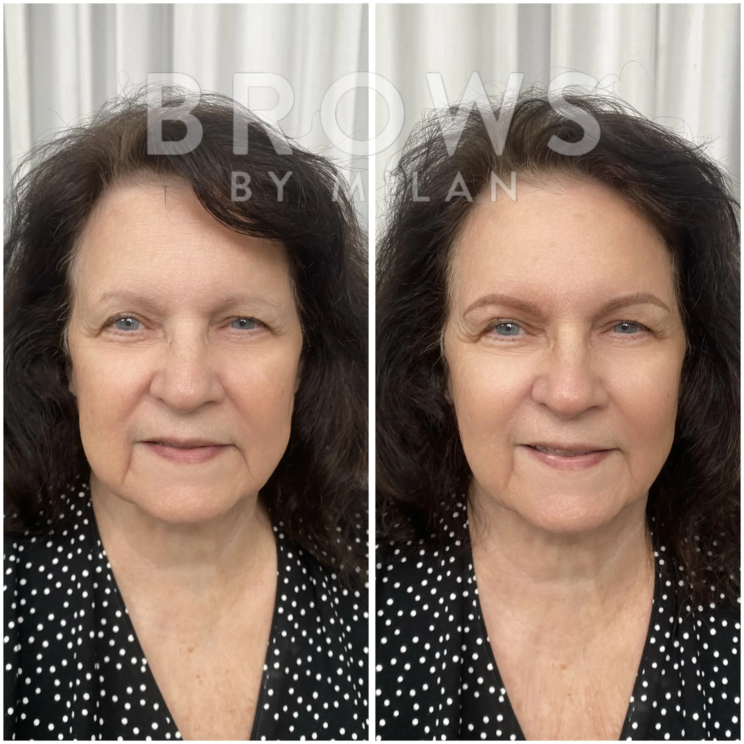 Side-by-side comparison of a woman's face before and after powder brows, wearing a black and white polka dot top, with light-colored background.