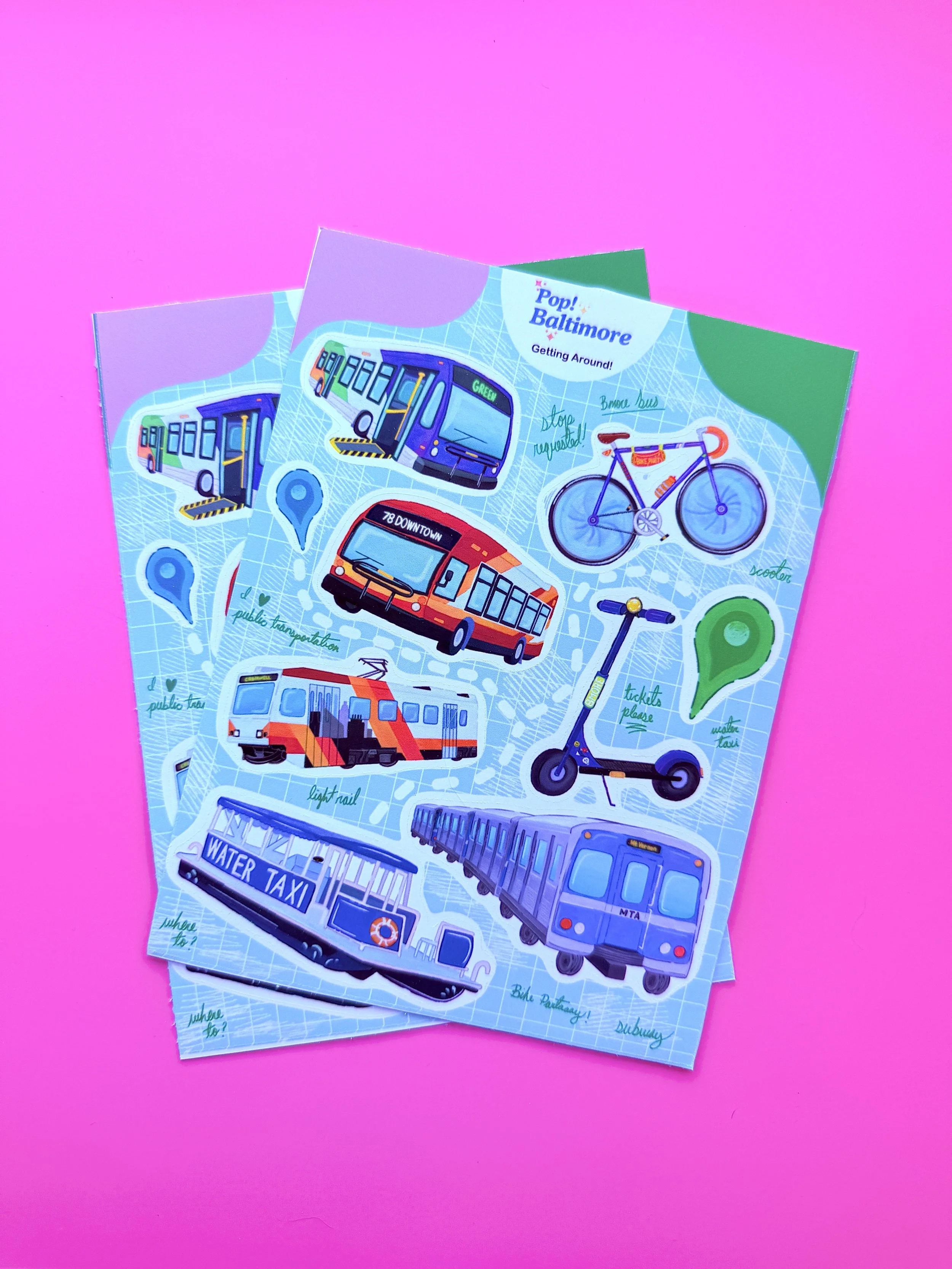 Baltimore Transportation Sticker Sheet - Baltimore, Maryland themed gifts and stationery 