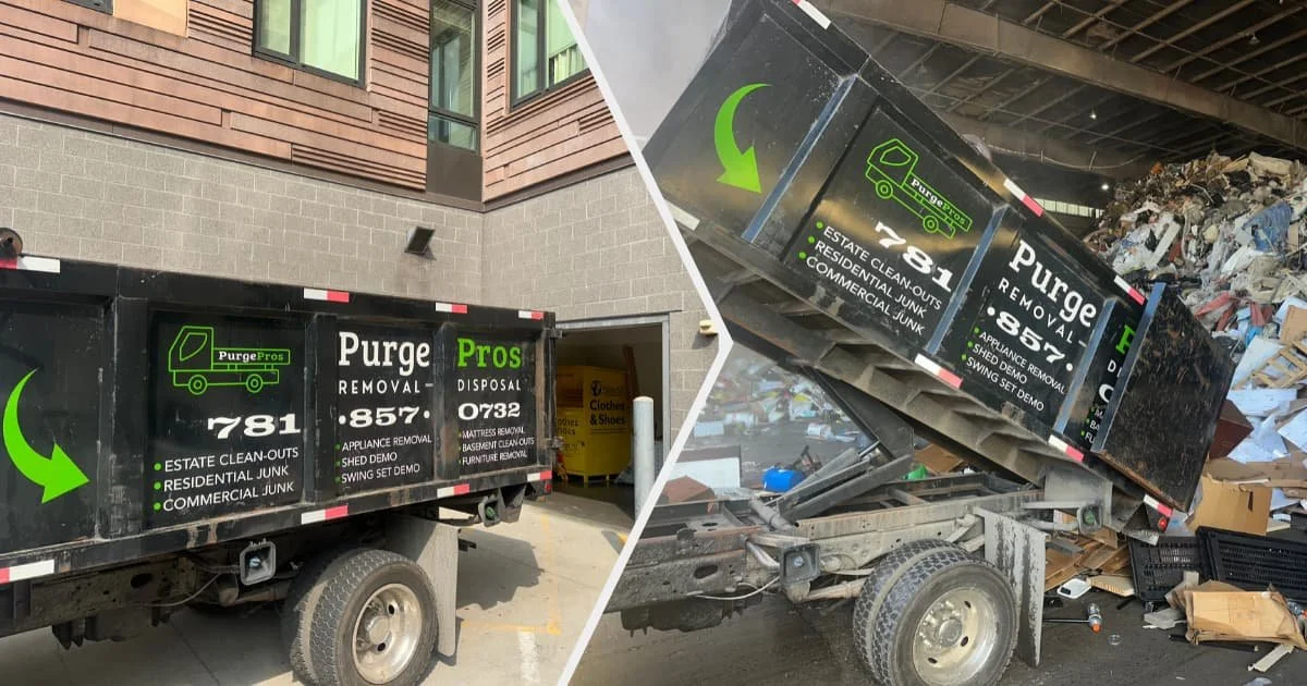 Collage showing PurgePros truck at an apartment building for commercial junk removal and at the dump after commercial junk removal