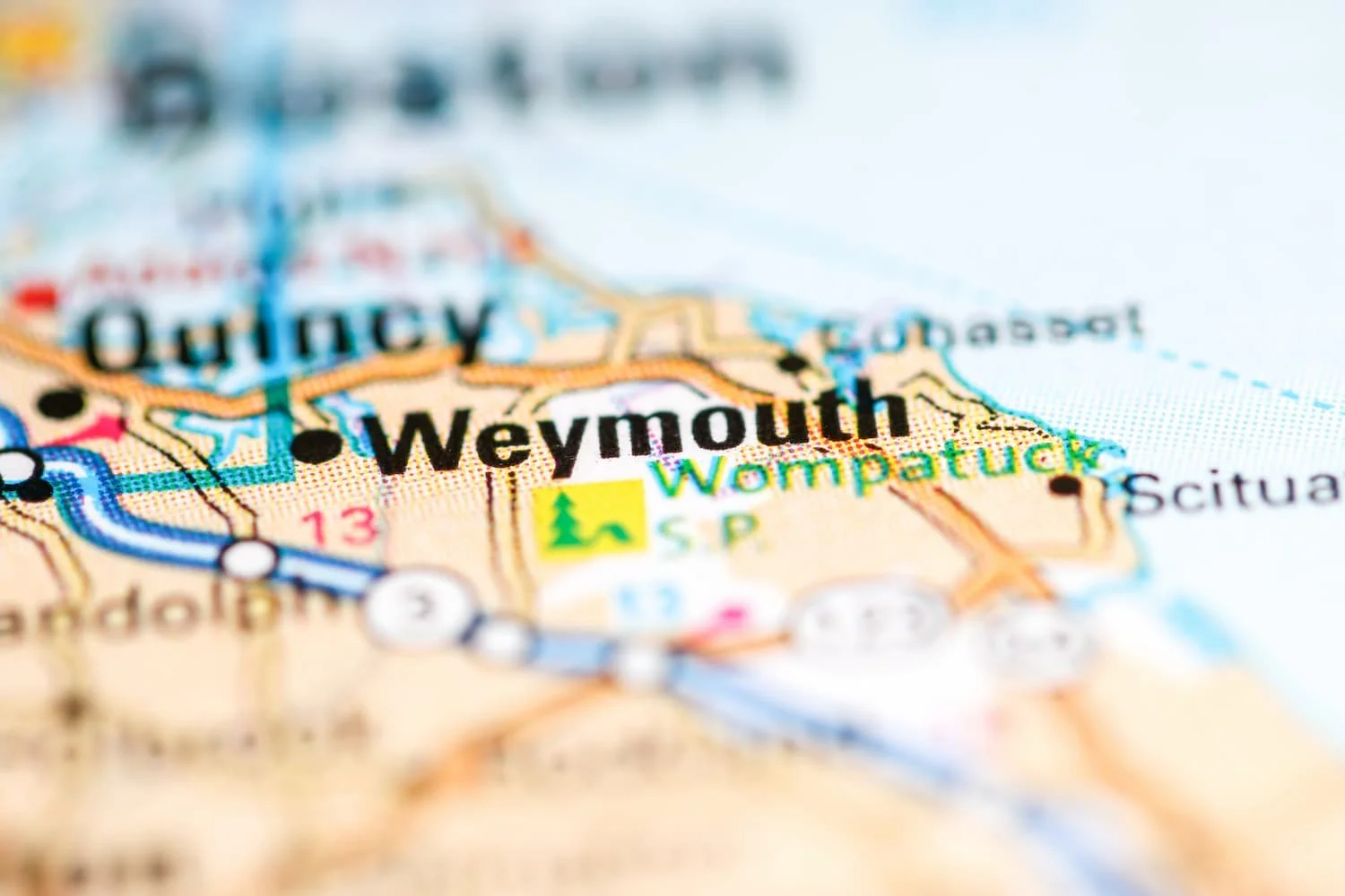 Map highlighting Weymouth MA and neighboring towns