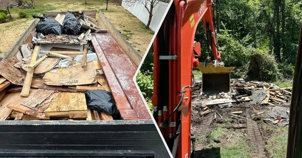 Collage of two photos showing debris being hauled away and a PurgePros demolition project
