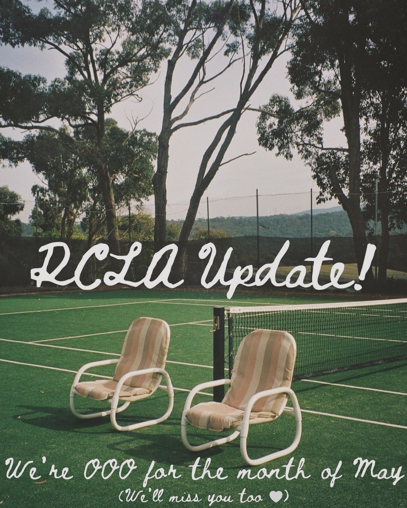 Team RCLA is skipping the May grey ✈️🎾

Just a friendly PSA that we do not have any clinics or meetups planned for the month of May (sorry!) 

So hit up your new or old RCLA buddies and keep practicing 🫶 see y&rsquo;all soon!