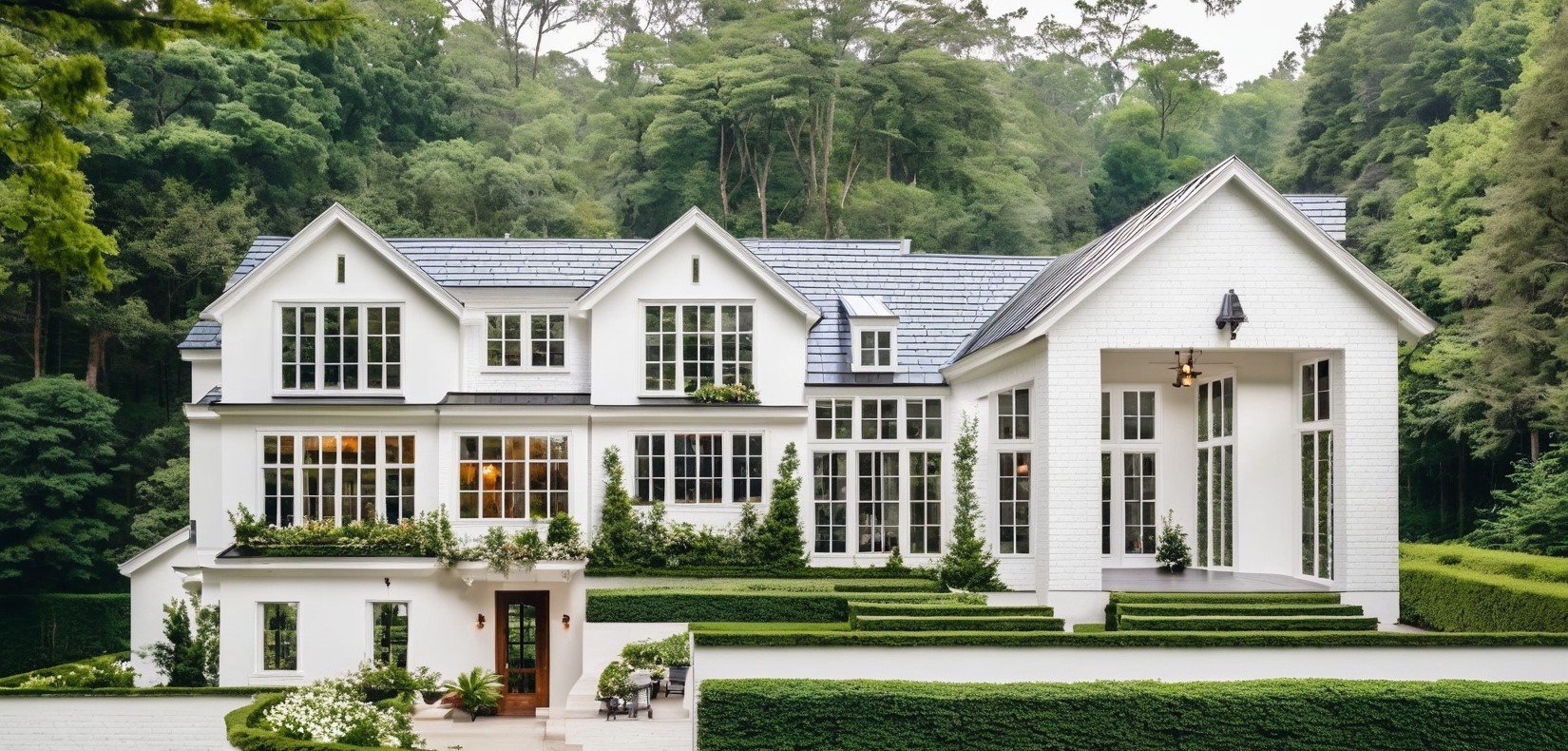 Modern transitional estate home with white brick exterior and expansive windows overlooking a wooded landscape