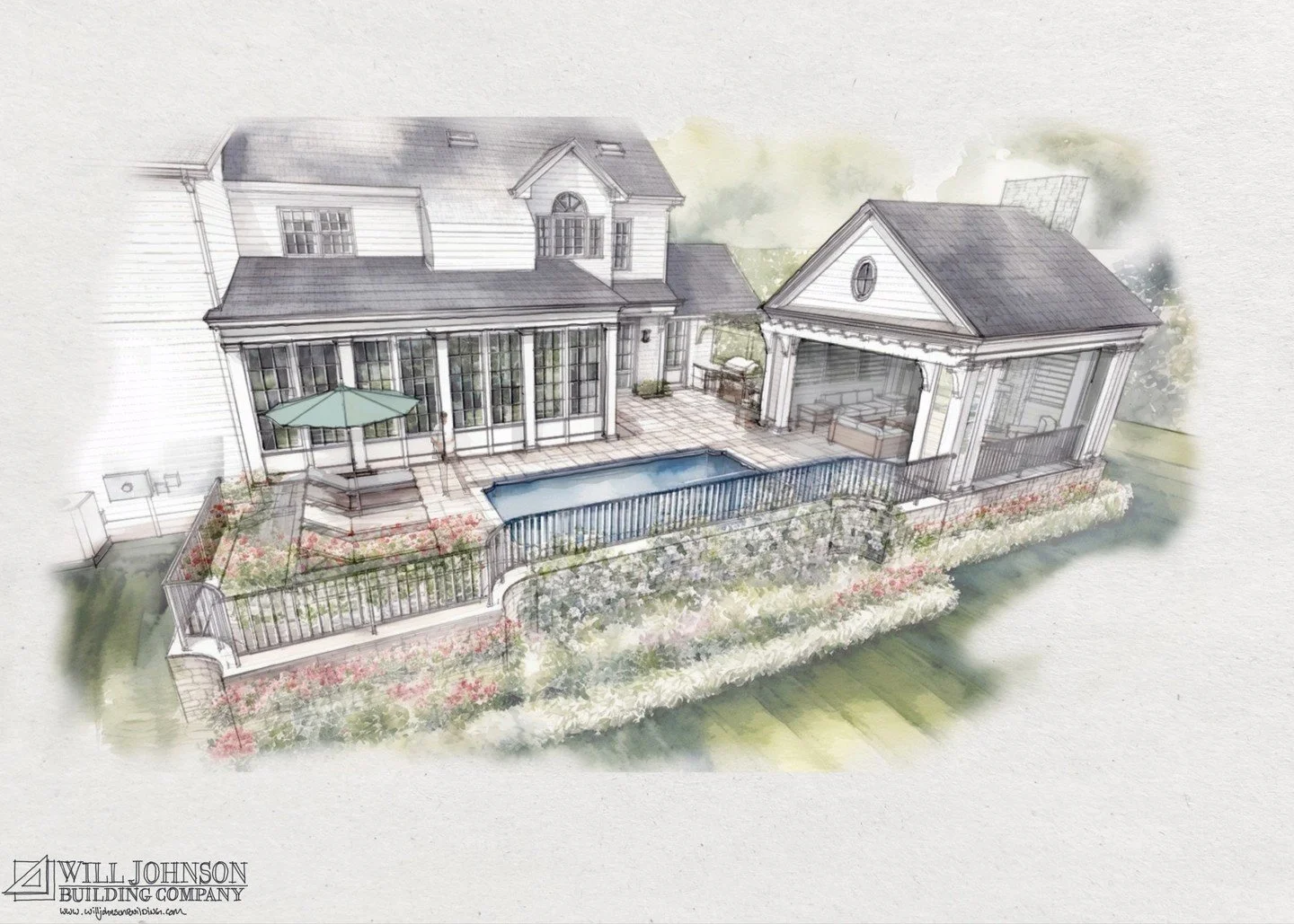 This work-in-progress schematic design brings the outdoors to life with a thoughtful balance of function and beauty: a sunroom that opens onto the pool terrace, a pavilion with a fireplace for year-round gatherings, and a built-in grill for seamless 