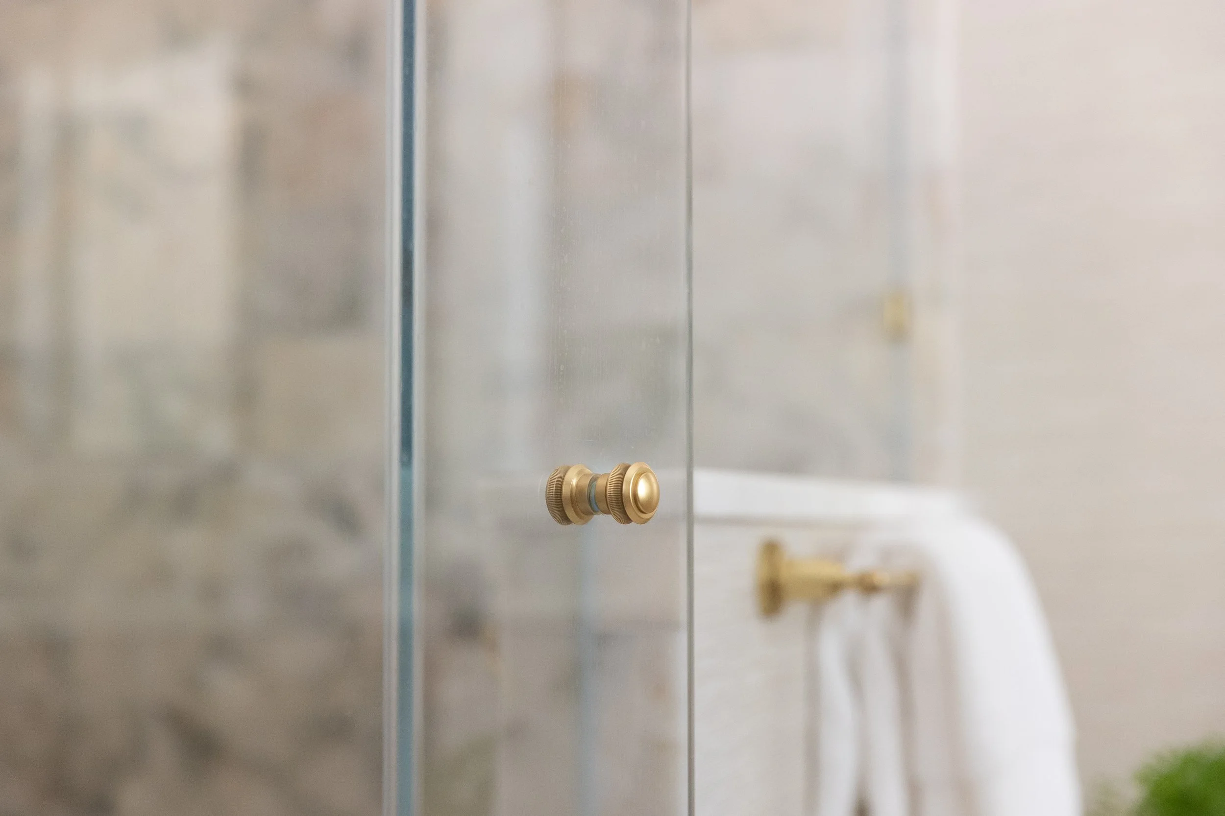 Close-up of a brass door knob on a glass shower door in a bathroom.