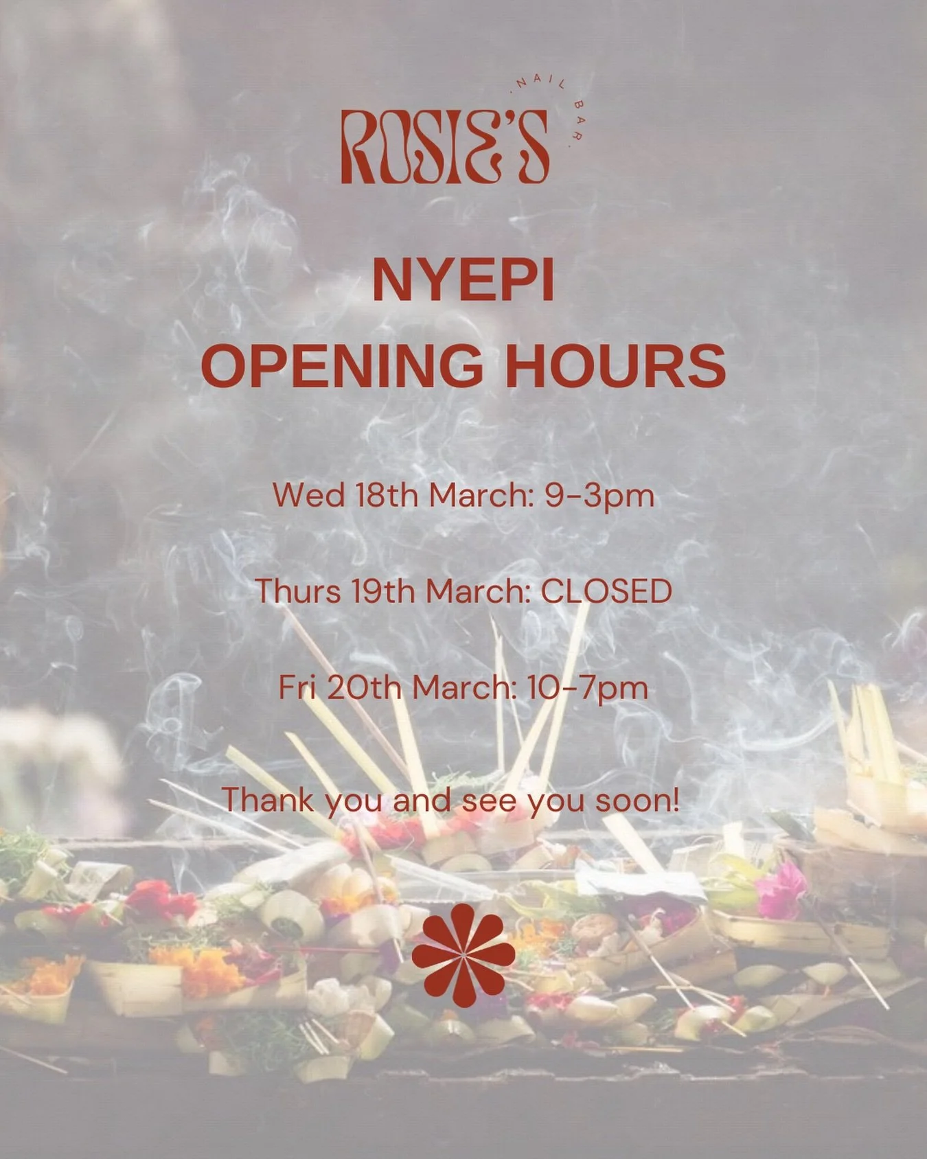 Nyepi is coming!

On Wednesday, March 18, our salons will have special opening hours: 9AM &ndash; 3PM

Please plan your appointments accordingly.
Thank you for your understanding and we wish everyone a peaceful Nyepi day 🌹

#nyepi #nailcanggu #naill
