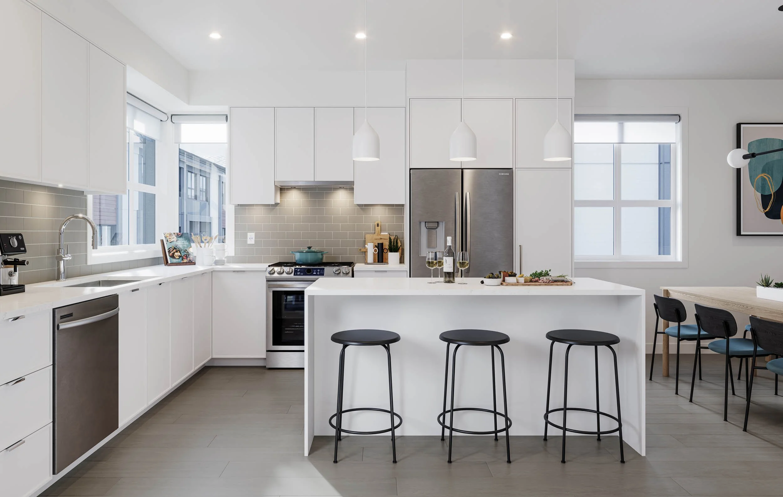 The same kitchen in the white scheme, with white cabinetry, a grey tile backsplash, three black stools at the island and dark dining chairs beyond