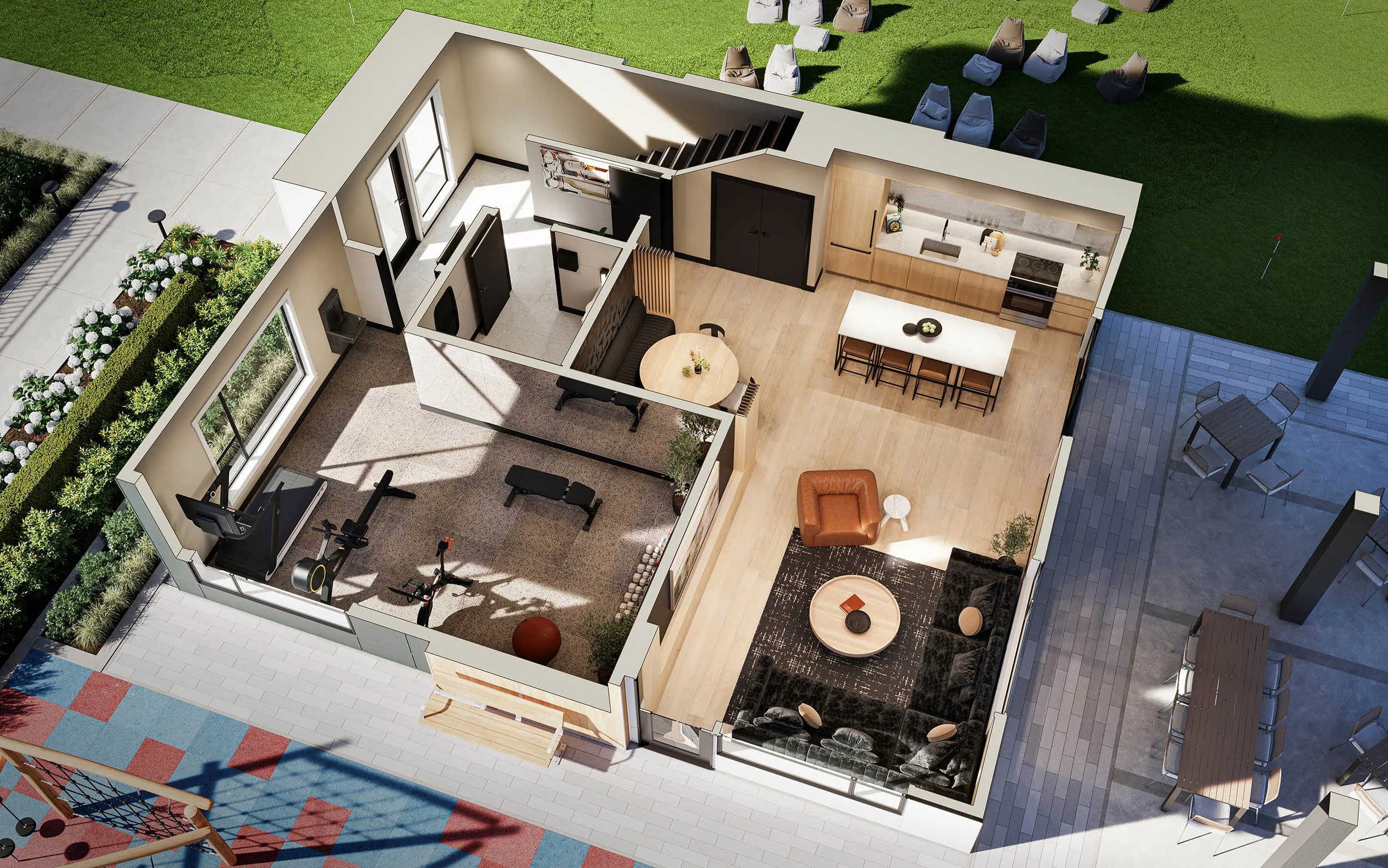 Cutaway plan view of the amenity building lower level, showing the lounge, kitchen and terrace