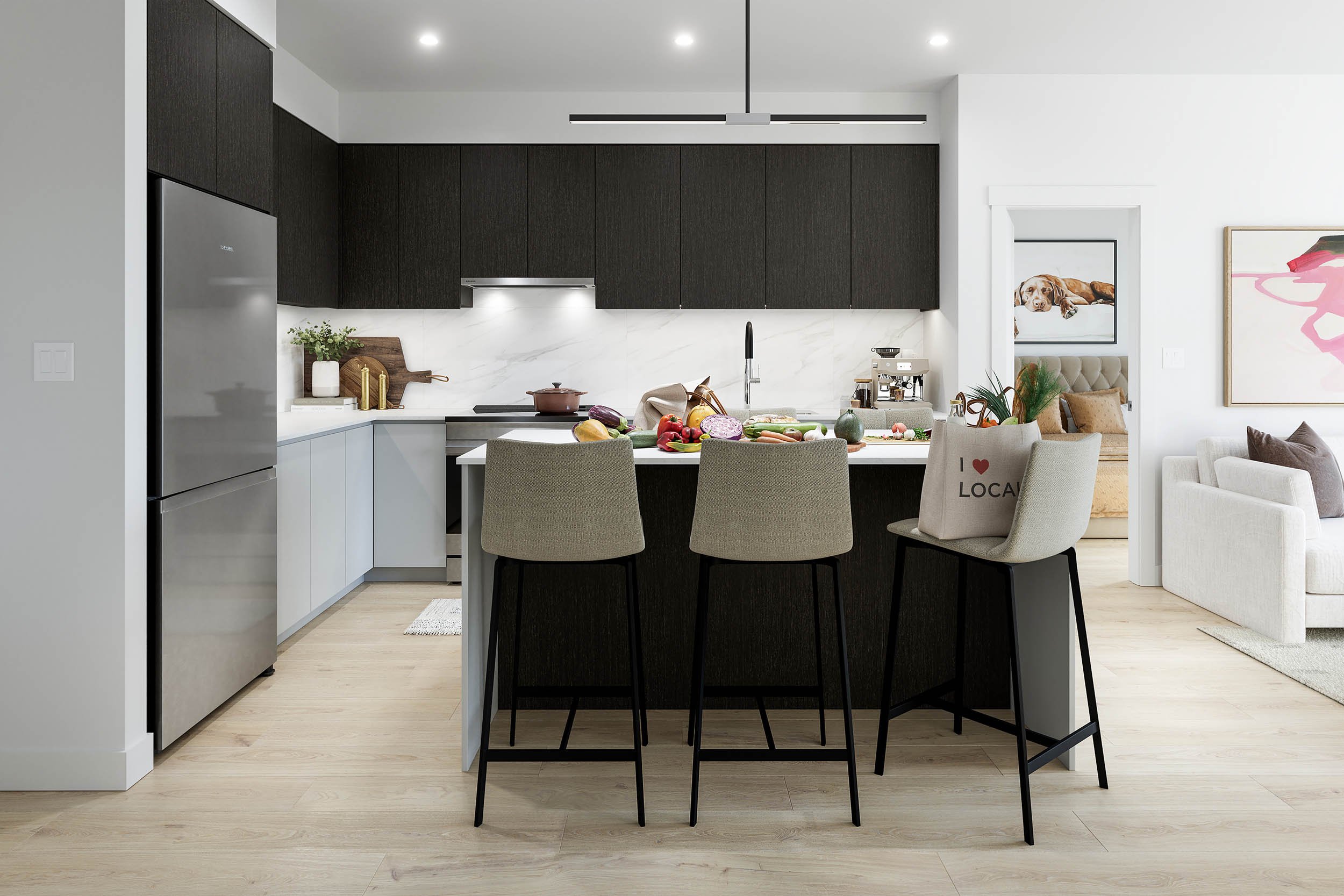 The same suite kitchen in the dark scheme, with charcoal upper cabinets and a dark island