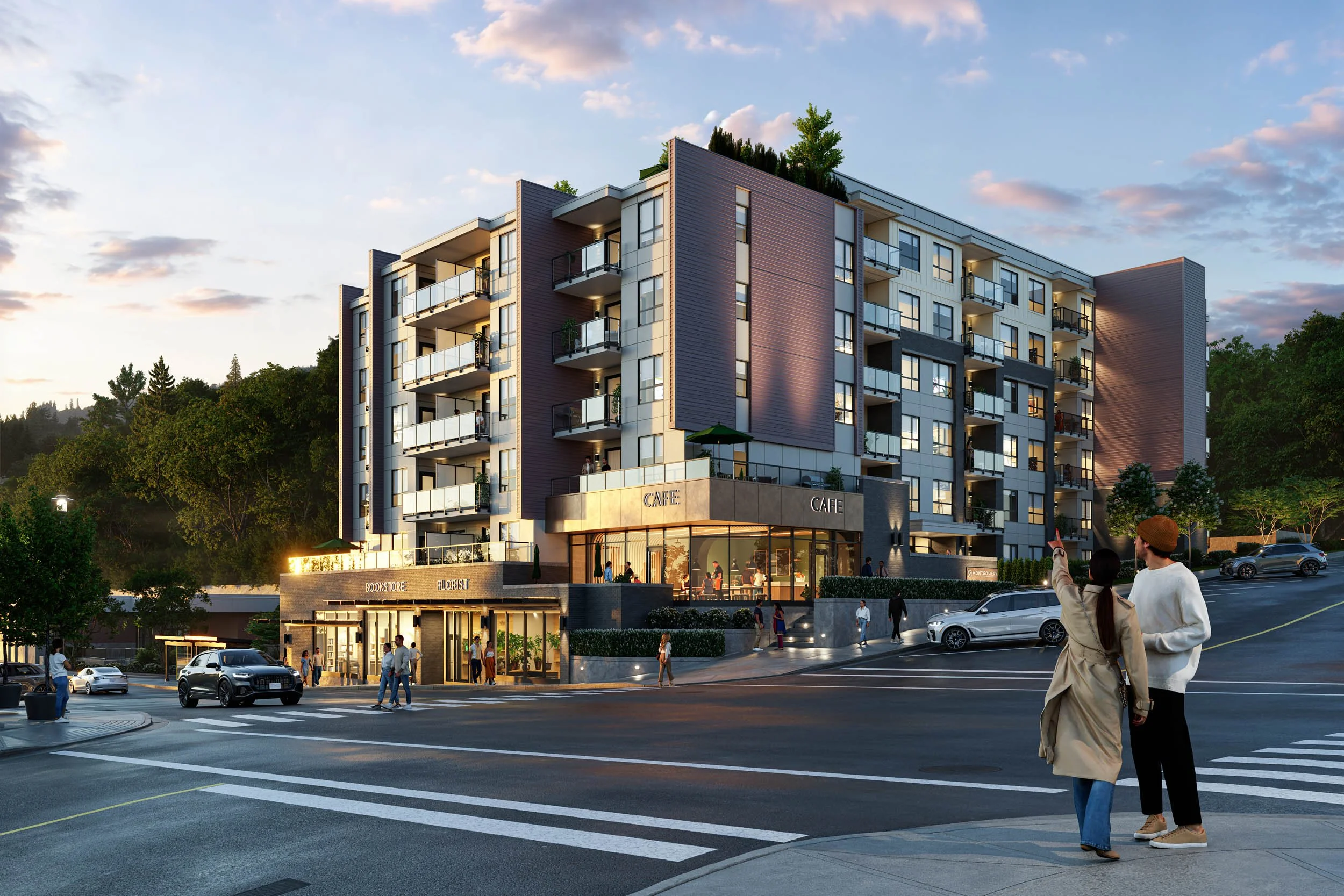 Six-storey condominium on a street corner at dusk, with a cafe and shopfronts at ground level and two people crossing towards it