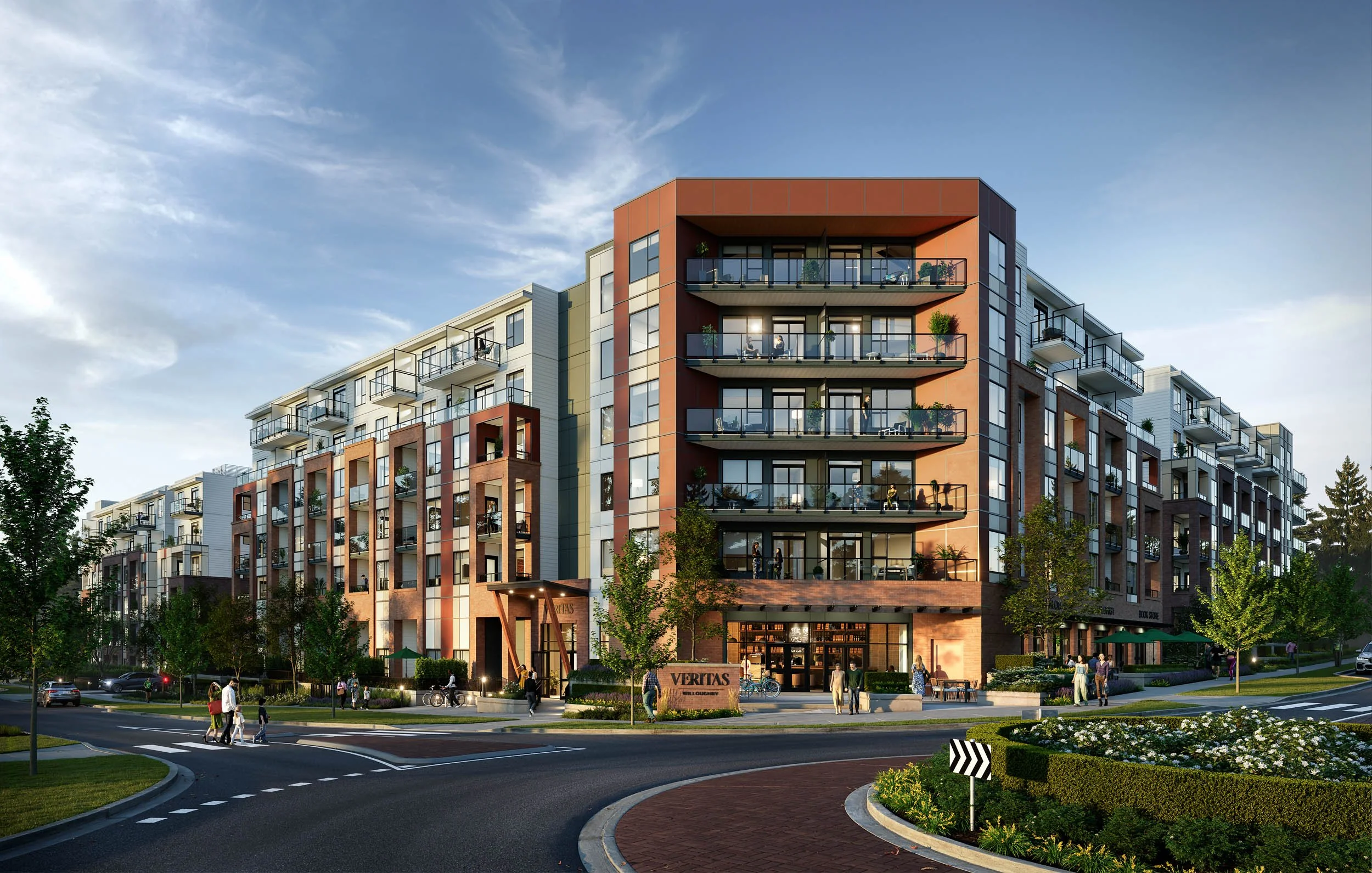 Corner of a low-rise condominium with brick and red accents above ground-floor retail