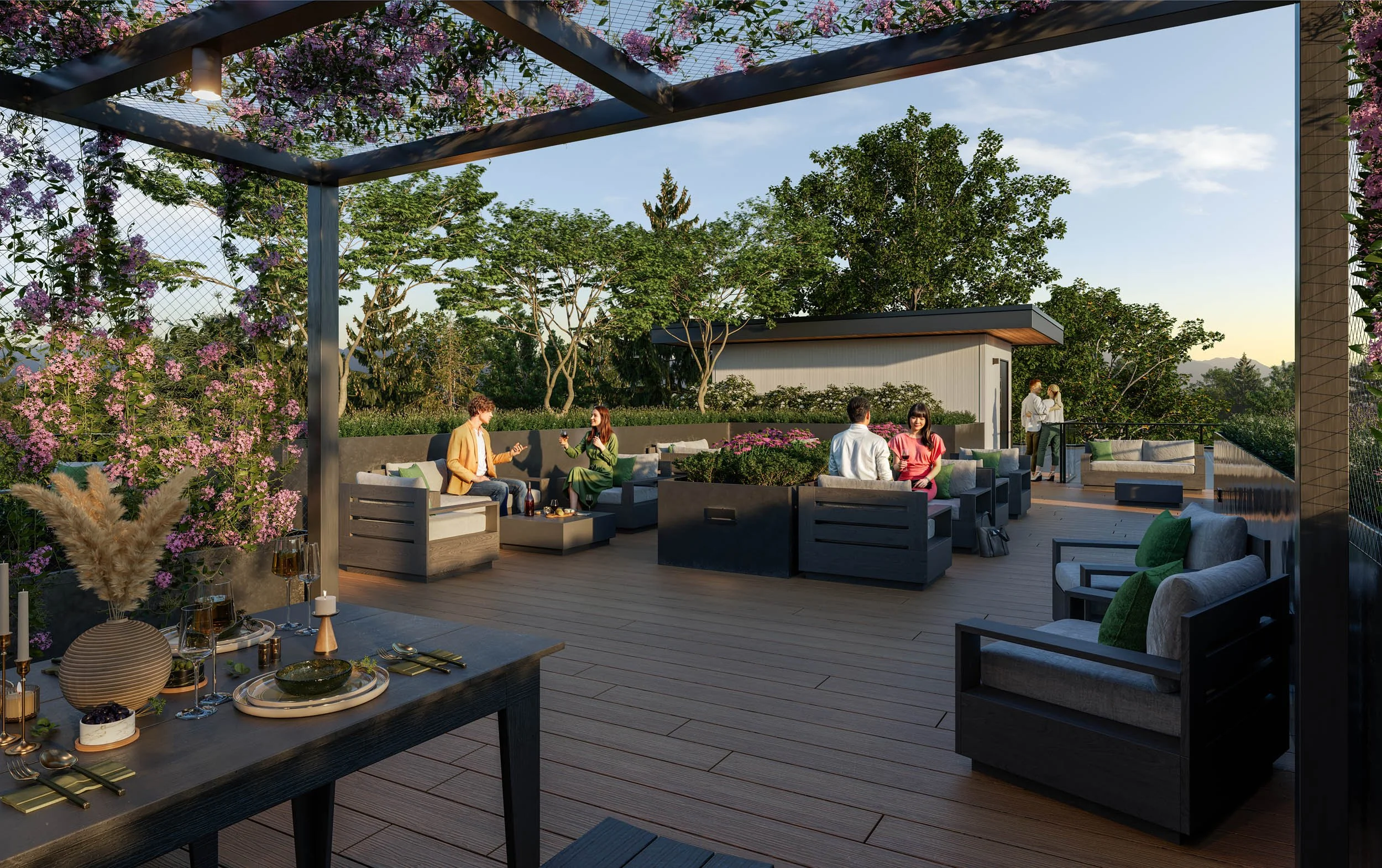Rooftop terrace with a planted pergola and lounge seating