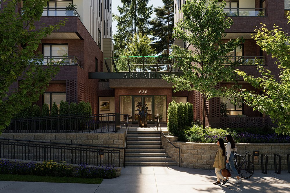 The entrance to a modern apartment building named 'Arcadia' with steps leading up to glass doors, surrounded by greenery and trees, with two women walking by and a bicycle parked nearby.