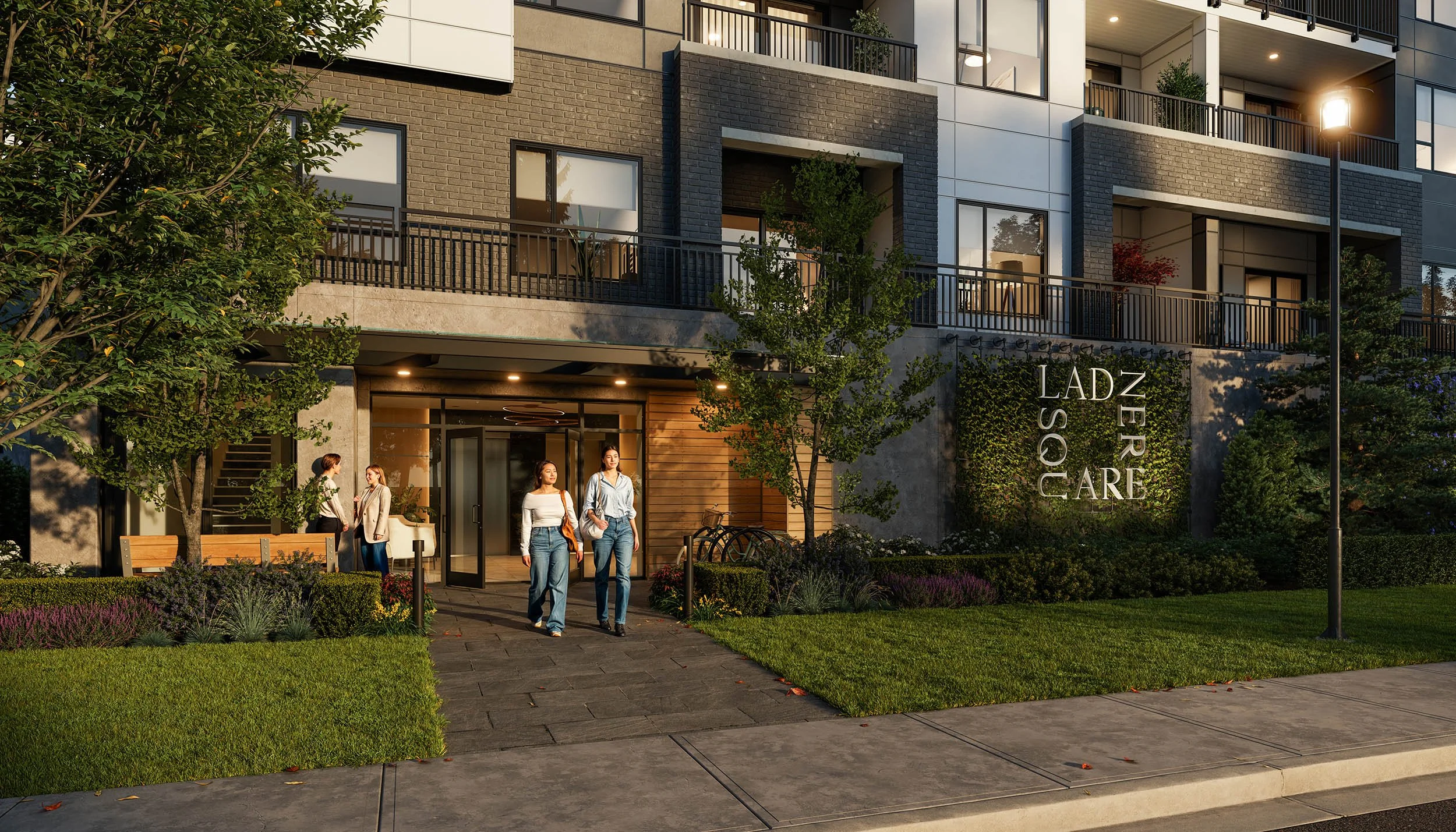 Residents walking out of a lit building entrance at dusk, past a hedge carrying the Ladner Square sign