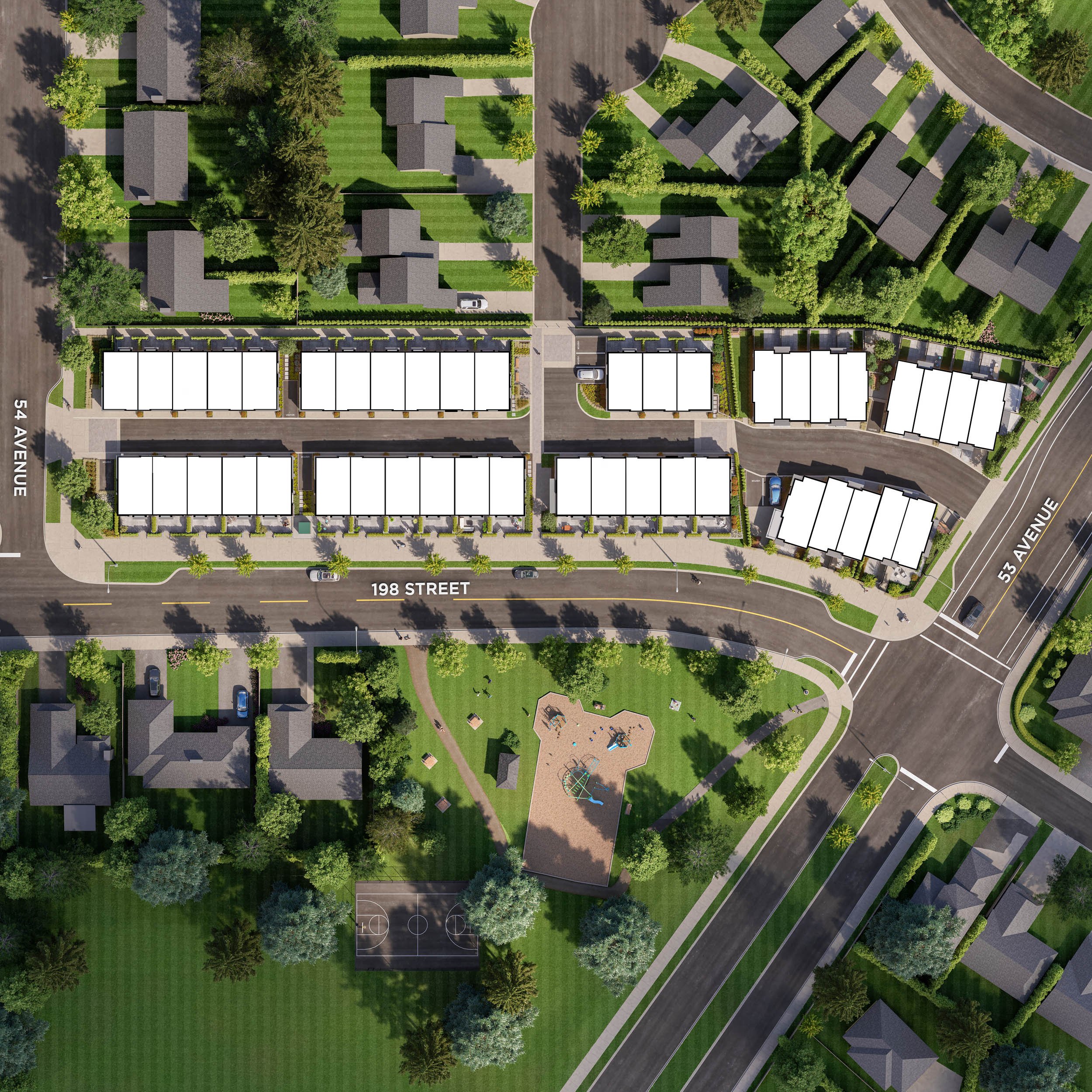 Overhead site plan showing nine townhome buildings in two rows along a street, with a neighbourhood park, playground and half court on the opposite side