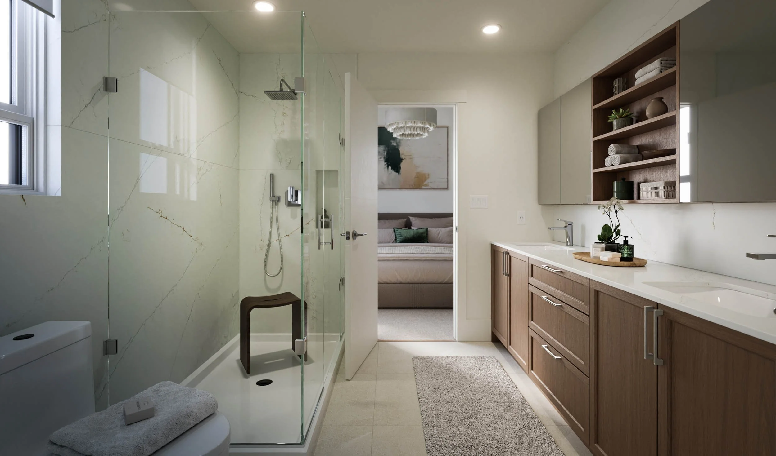 Ensuite bathroom with a marble slab walk-in shower behind glass, a wood vanity with open shelving, and an open door to the bedroom beyond