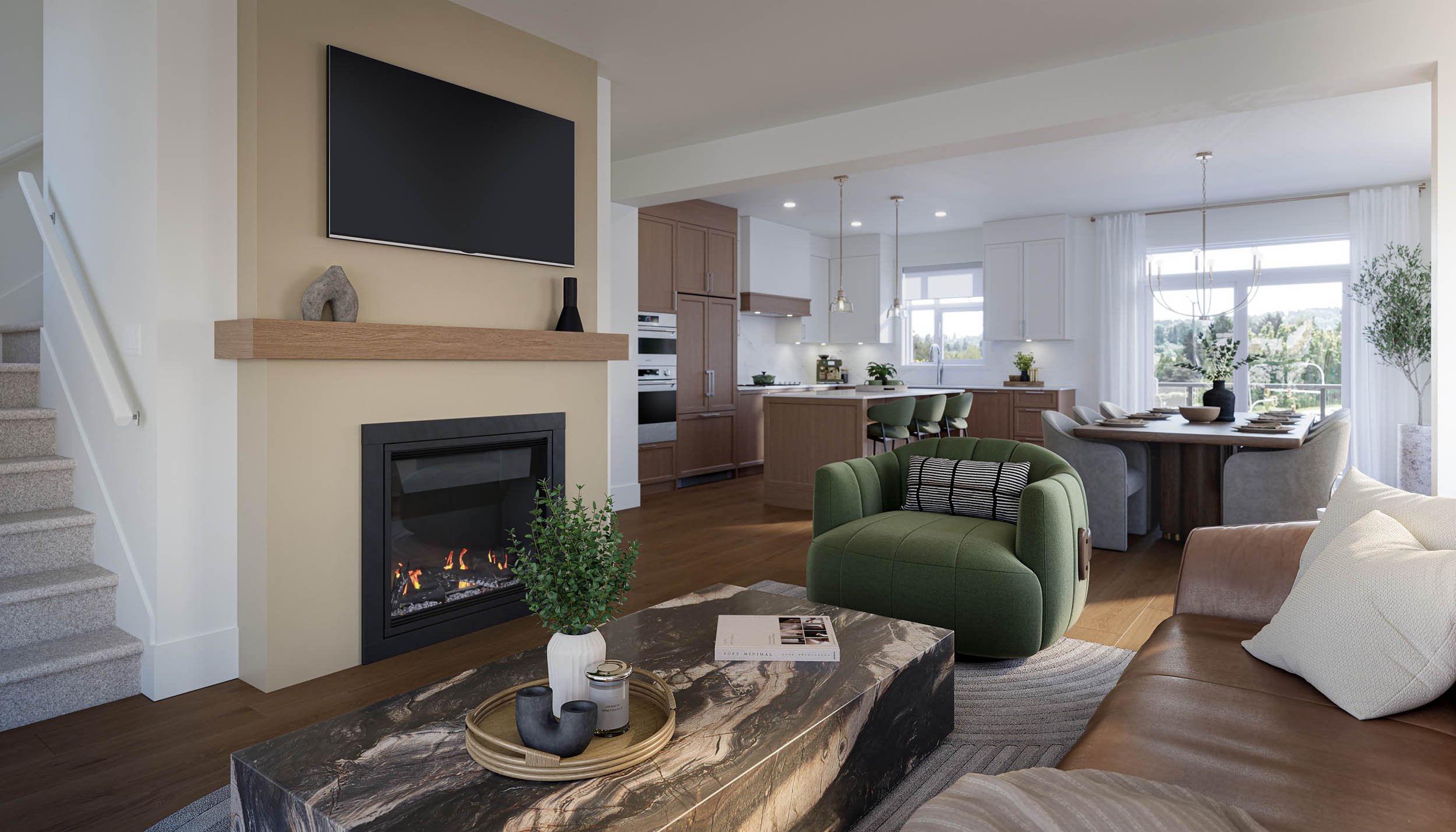 Living room with a gas fireplace under a wood mantel and a television above it, a green swivel chair and a dark stone coffee table, open to a kitchen with wood cabinetry beyond