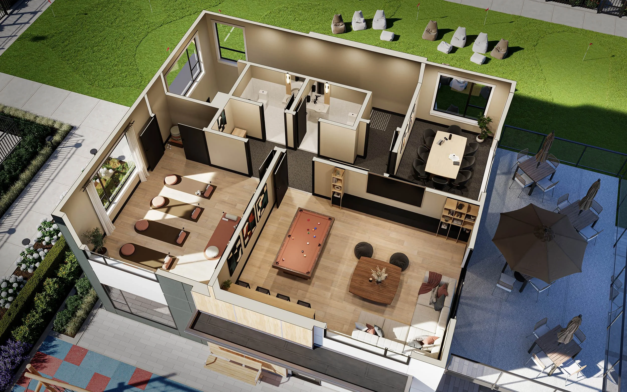 Cutaway plan view of the amenity building upper level, showing the fitness room, games area and rooftop seating