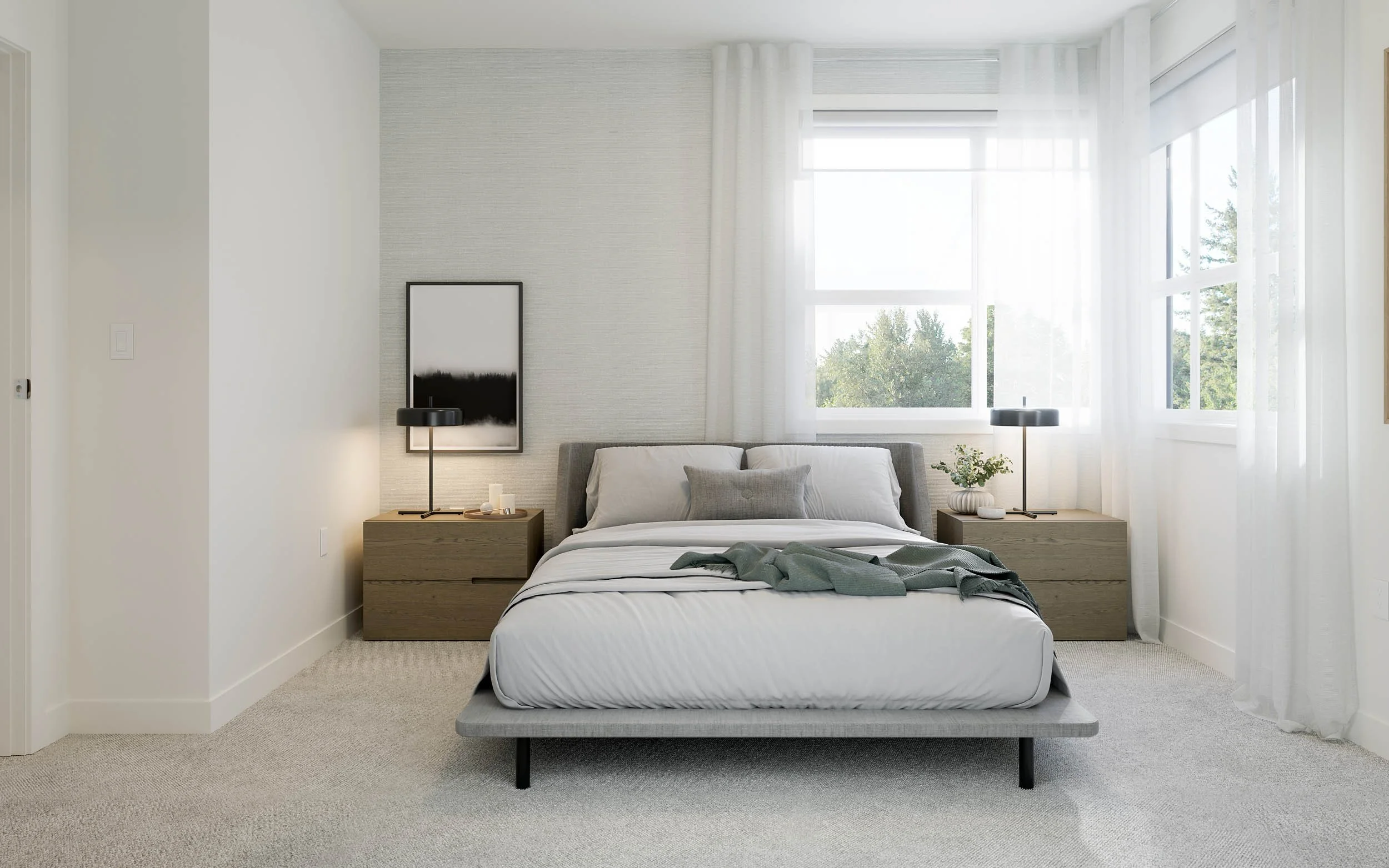 Bedroom with a low platform bed and sage throw, wood nightstands, sheer curtains at two windows and framed art above a console
