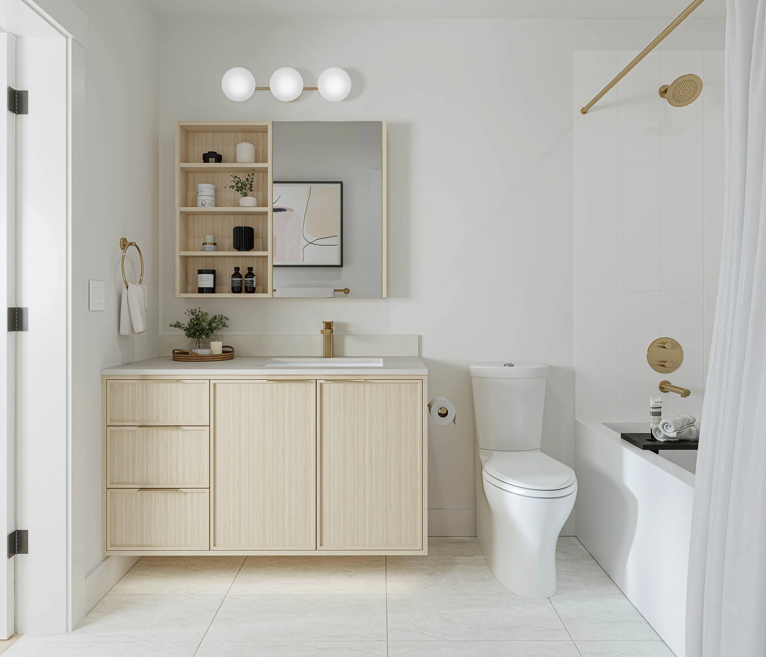 Suite bathroom in the sand scheme, with a pale oak vanity and open shelving, a light stone tile floor and brass fittings