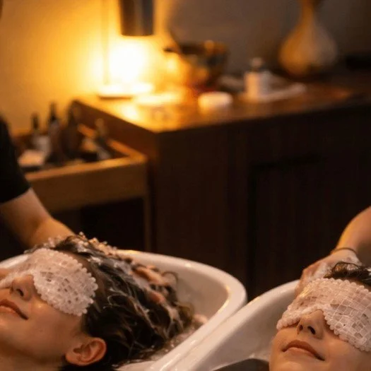 Deux personnes recevant un soin du visage dans un spa ou un salon de beauté, avec des masques ou des compresses sur les yeux, dans une ambiance chaleureuse.