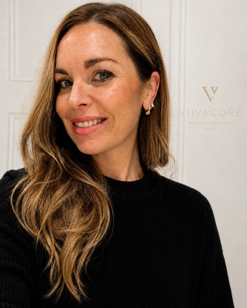 Une femme souriante avec des cheveux longs et ondulés, portant un pull noir, posant devant un fond blanc avec le logo 'ViiVAcure'.