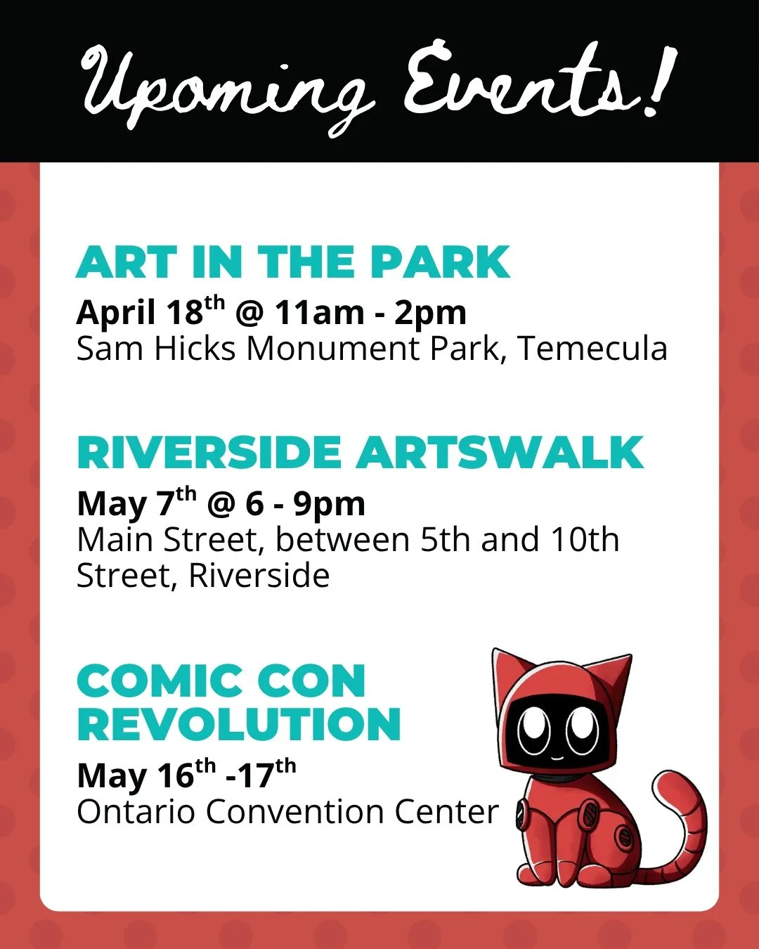 Hey everyone! Here are the events I'll be selling at the next two months, If you're in the area come say hi!

Curious what I sell? Check out my website! While I sell mainly in-person at the moment, you can always see what my latest designs are there 