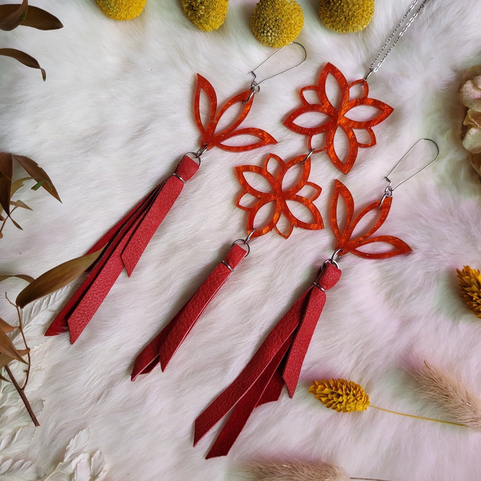 Red Acrylic & Hide Tassel Set