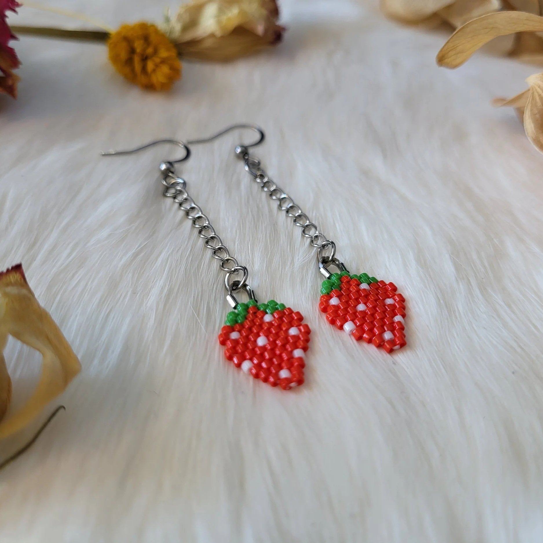 Beaded Red Strawberry Earrings