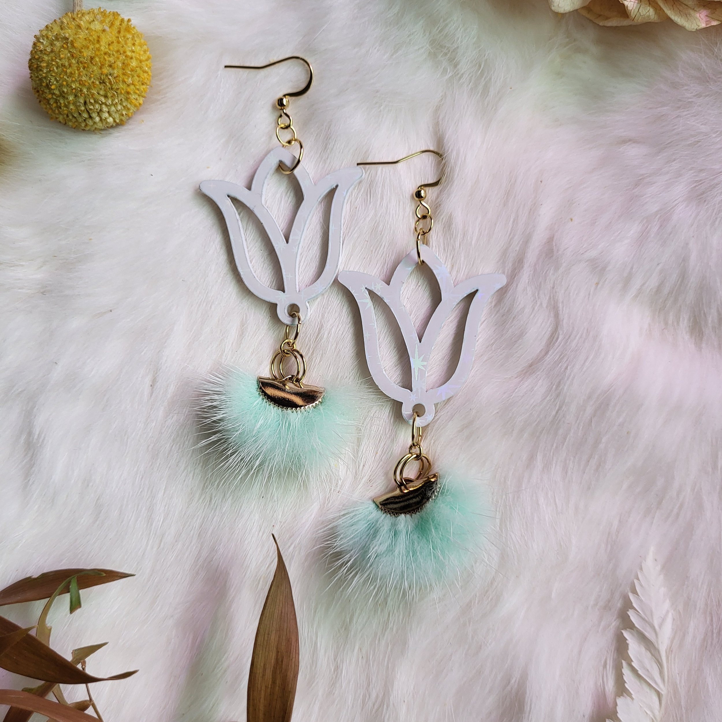 White Floral Mink Fur Earrings