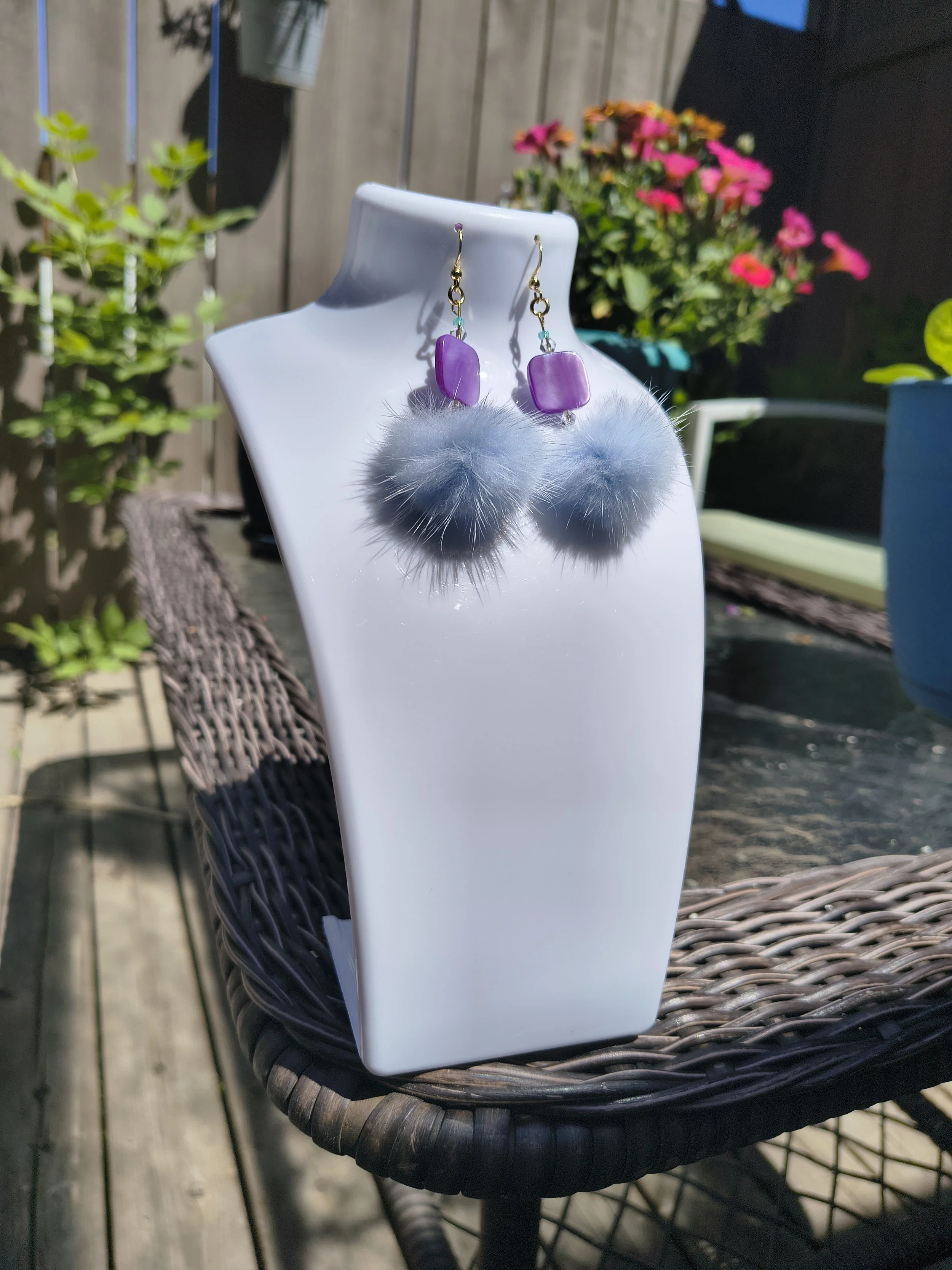Blue Mink Fur & Shell Earrings