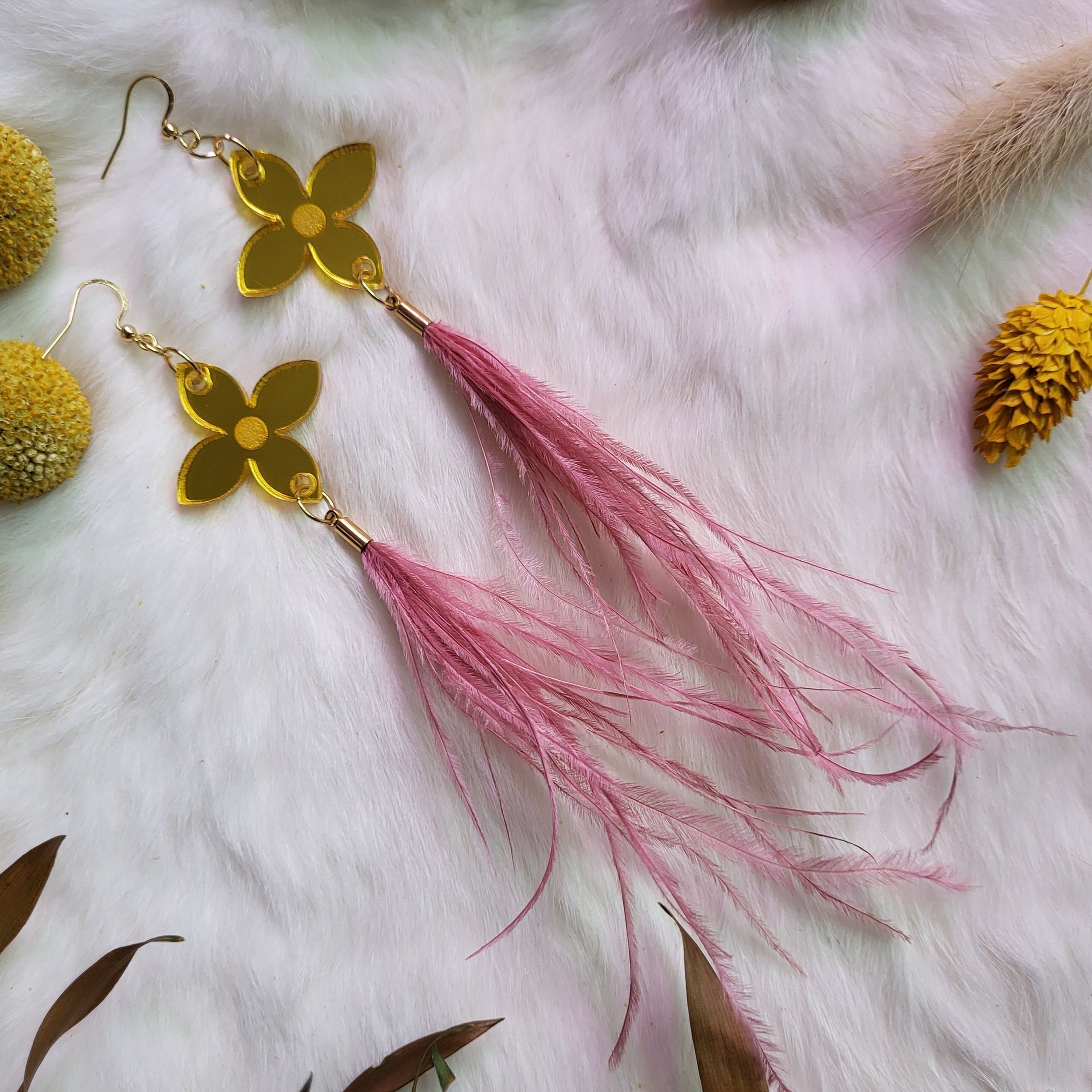 Pink Floral Feather Earrings
