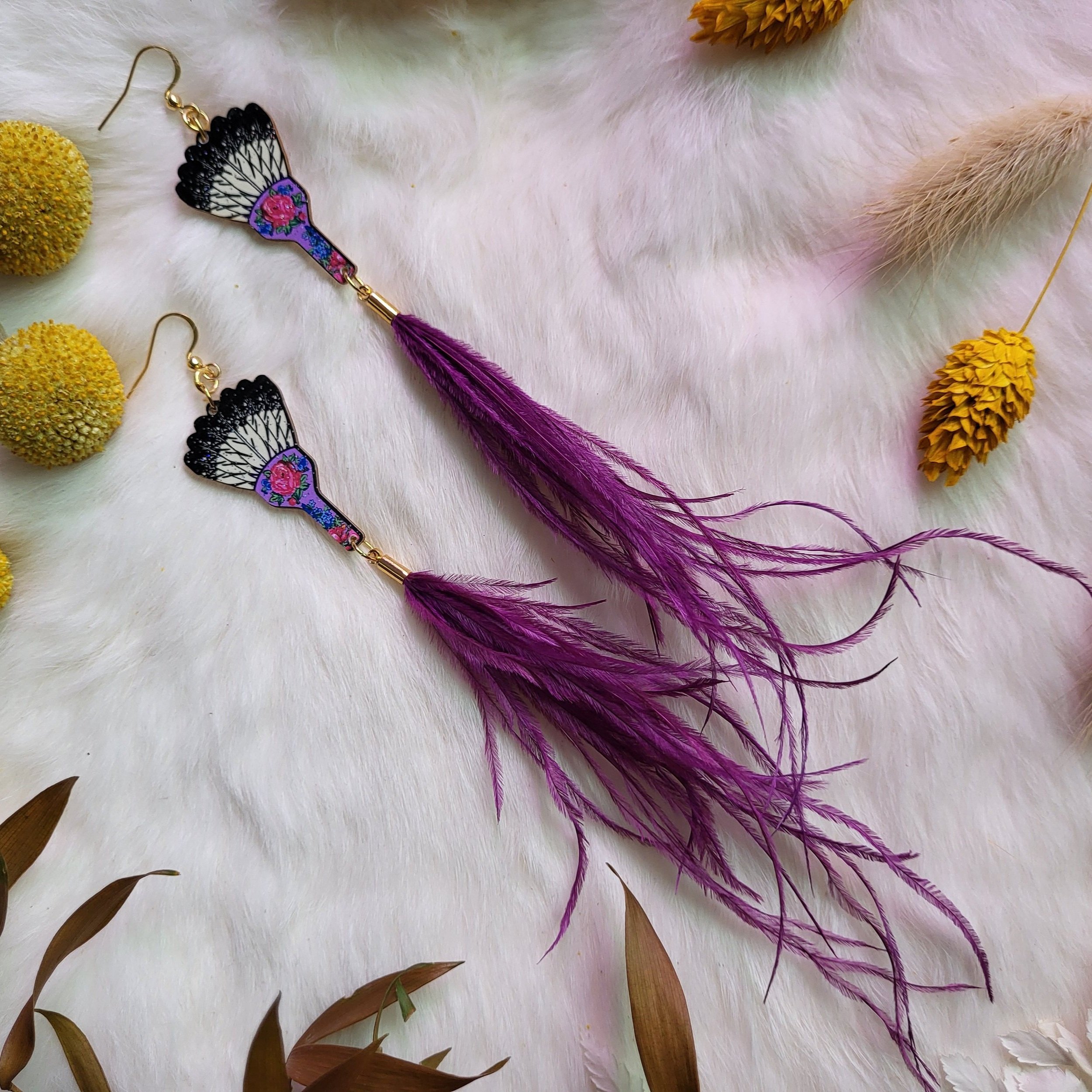 Purple Fan Feather Earrings