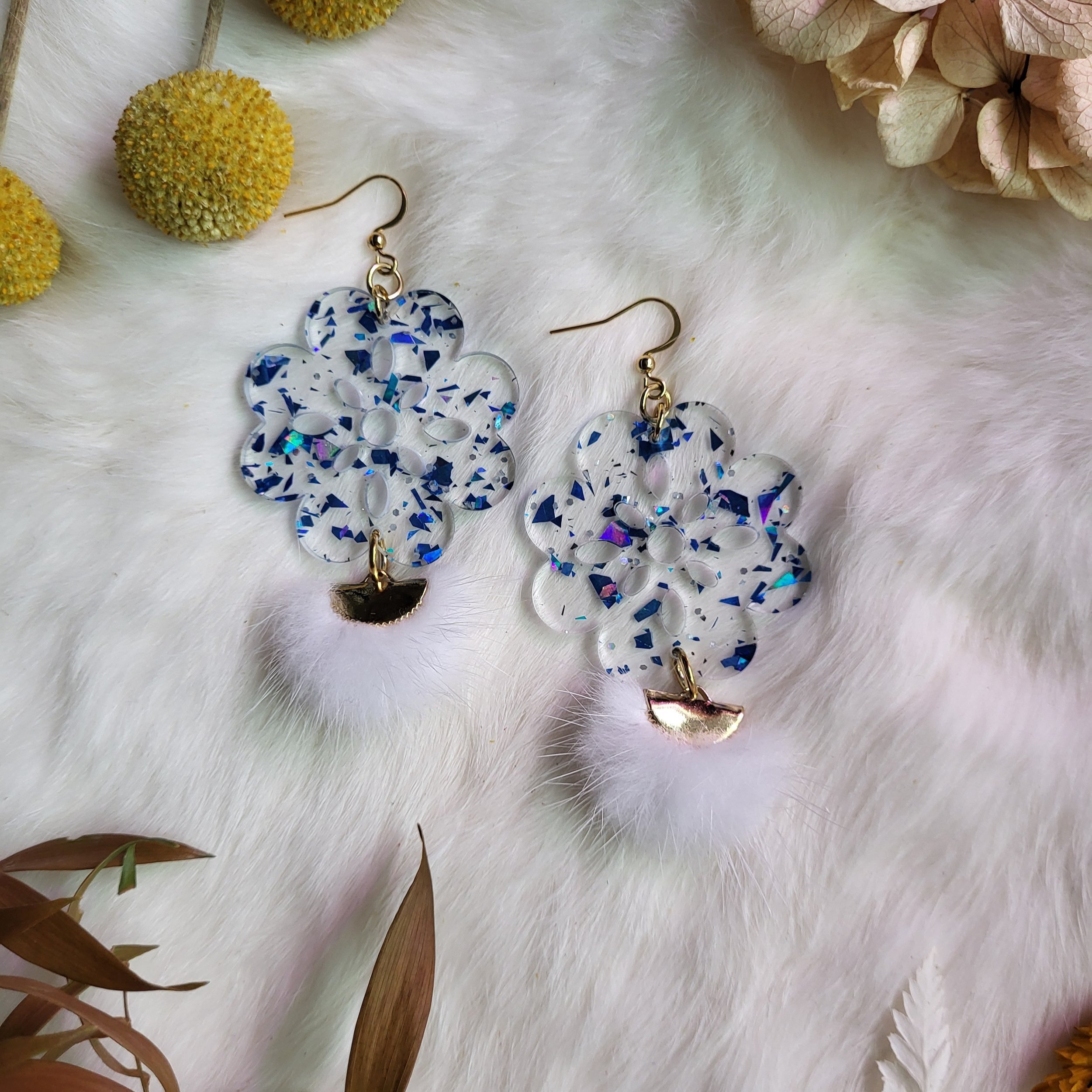 Blue Glitter Mink Fur Earrings