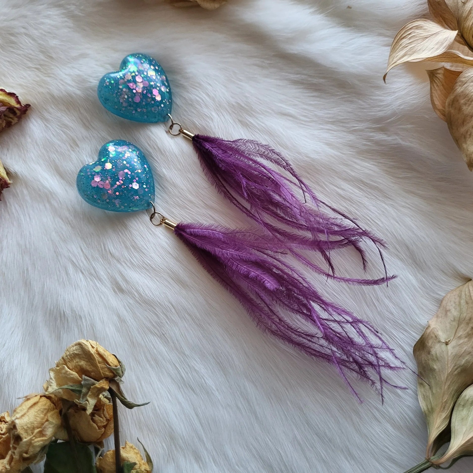 Blue Resin & Feather Earrings